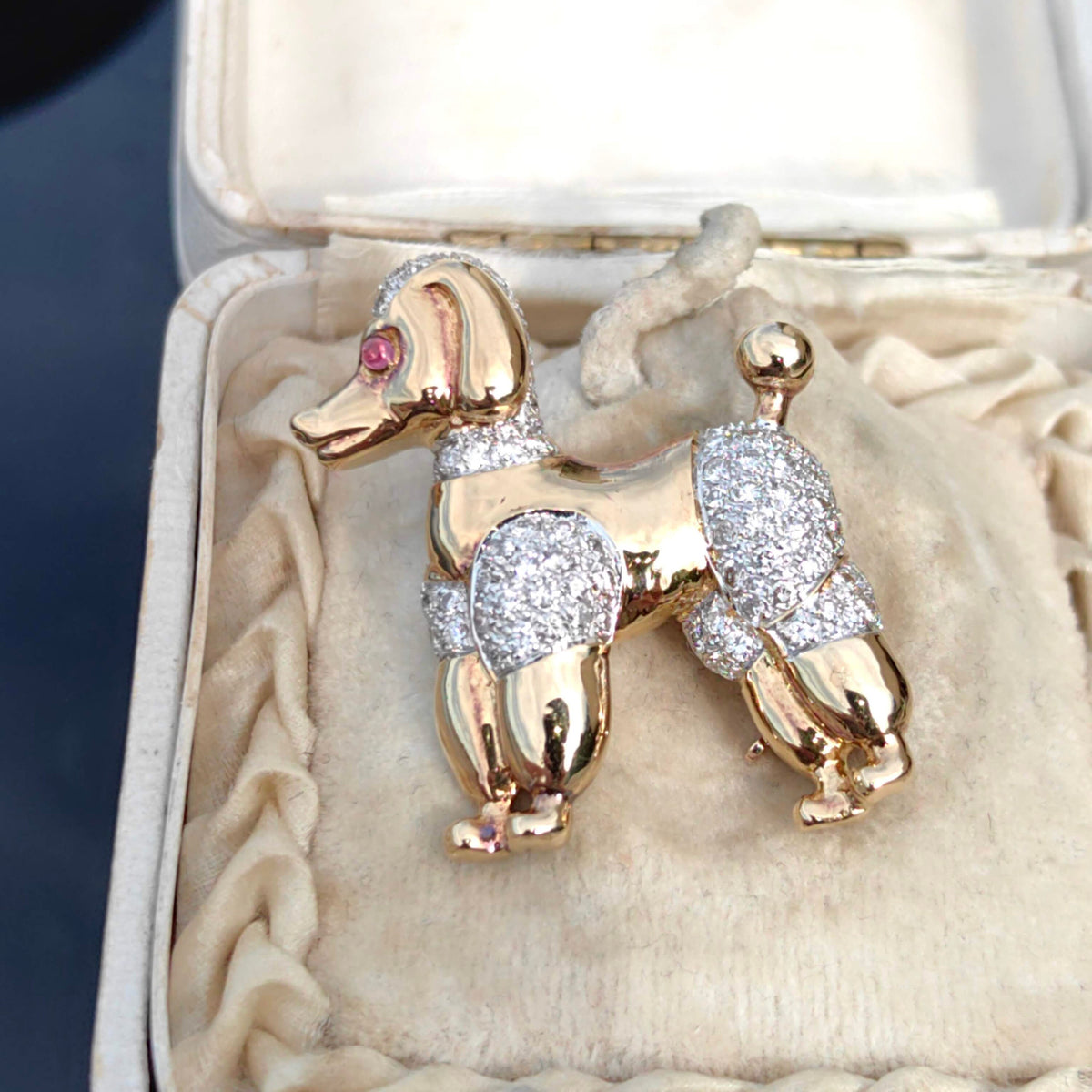 Vintage Antique 1960s Diamond & Ruby 18k Solid Hallmarked Yellow Gold Poodle Dog Cute Pet Elegant Retro Brooch Gift for her Present