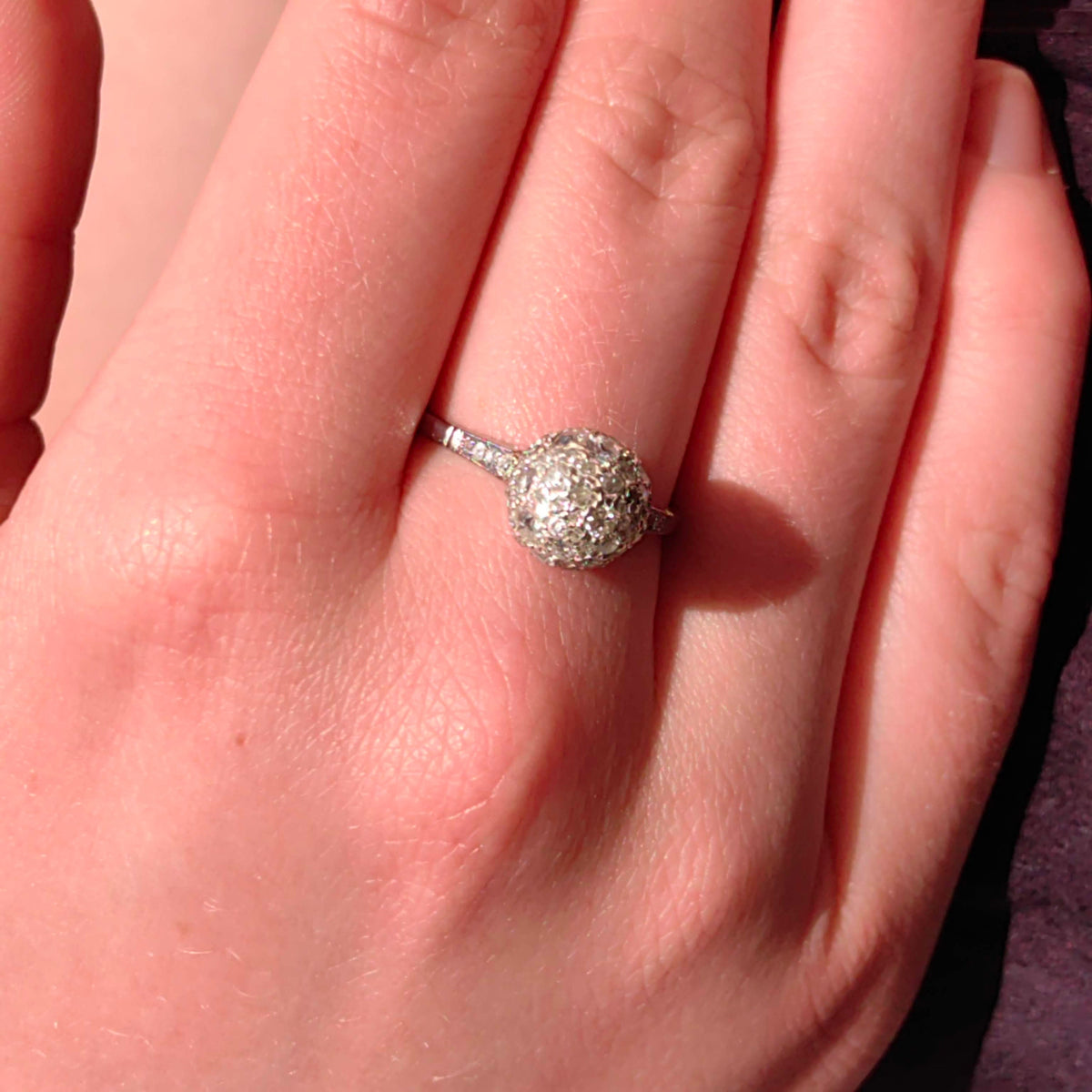 Art Deco Platinum Diamond Globe Ring: 1930s Antique Pavé Engagement