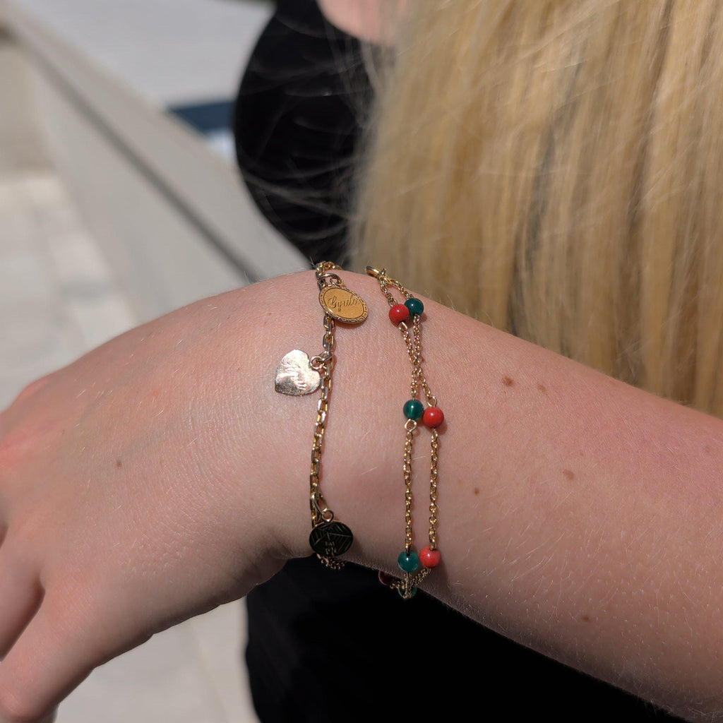 1900s Antique 18k Gold Coral Chrysoprase Beaded Chain Bracelet, 19 cm, 4mm Gemstone Beads, 3.90g Estate Jewelry Gift for Her