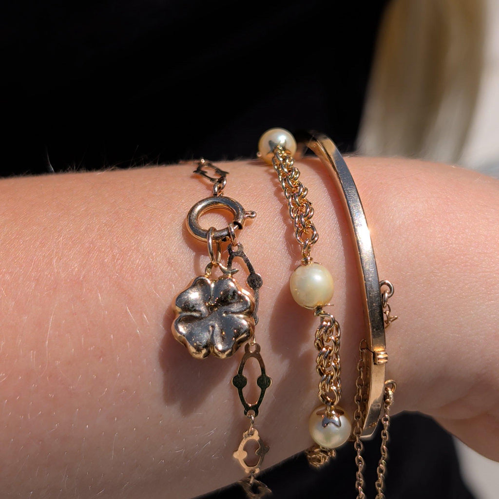 Art Nouveau Link Bracelet 14k Yellow Rose Gold Antique 1900s Four Leaf Clover Charm Bracelet Dainty Lucky Jewelry Gift HTS 9706 US duty free