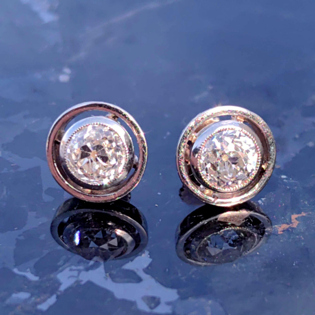 Antique 1.3ct Old European Cut Diamond 14k Gold Earrings