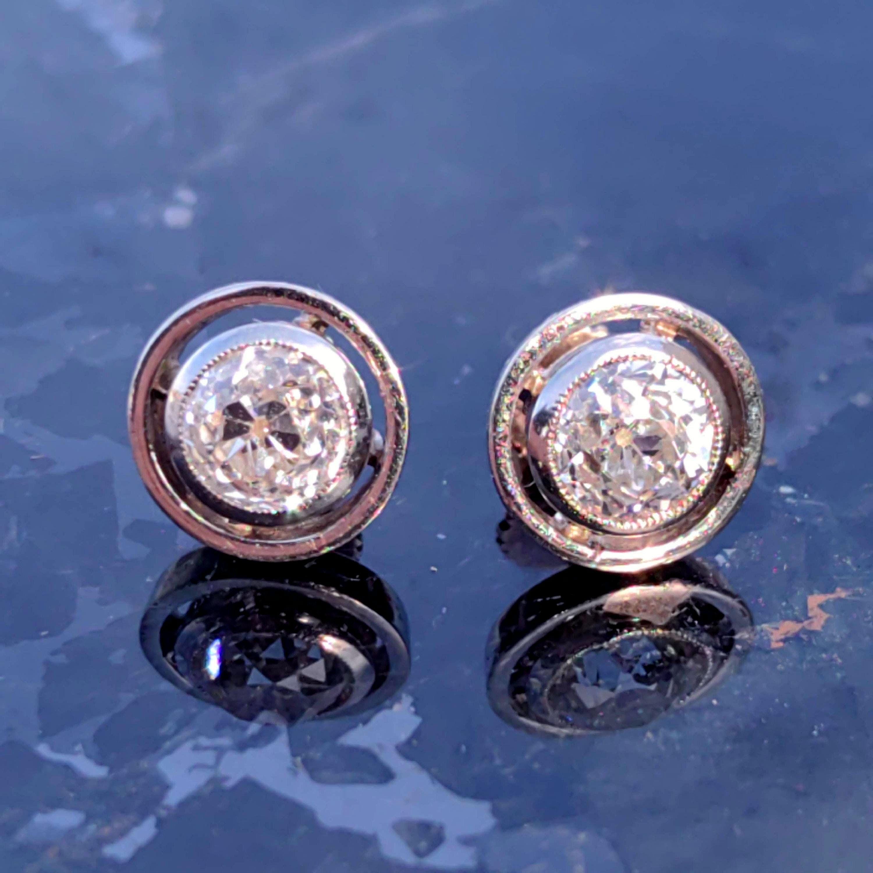Antique 1.3ct Old European Cut Diamond 14k Gold Earrings