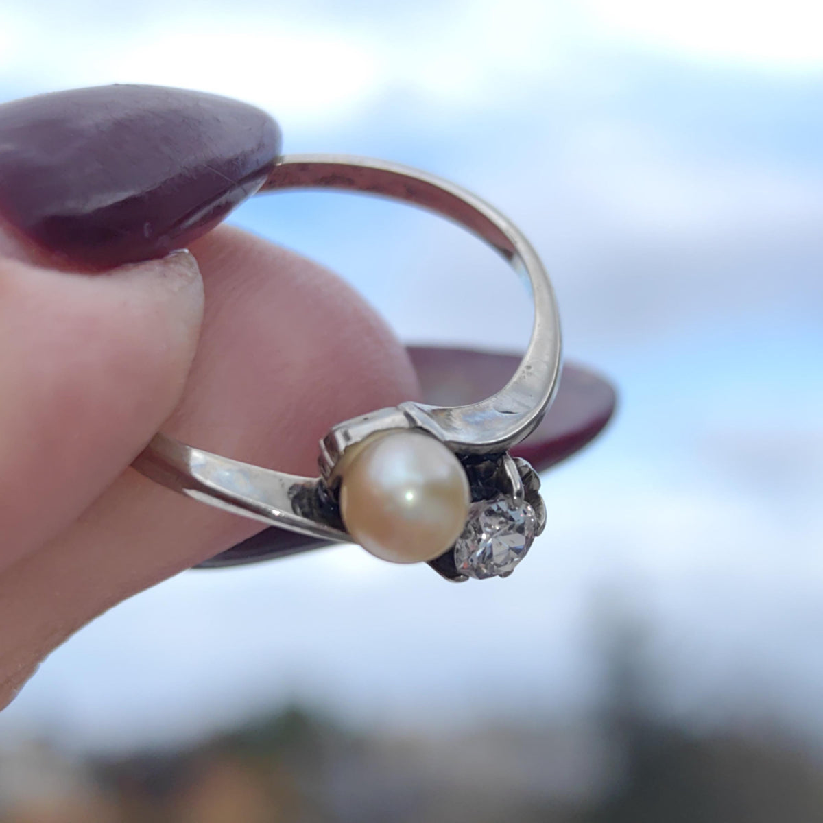 Art Deco Antique Vintage 1940s Cultured Natural Pearl Diamond 18k Solid White Gold Two Stone Wave Elegant Ring Gift for Her
