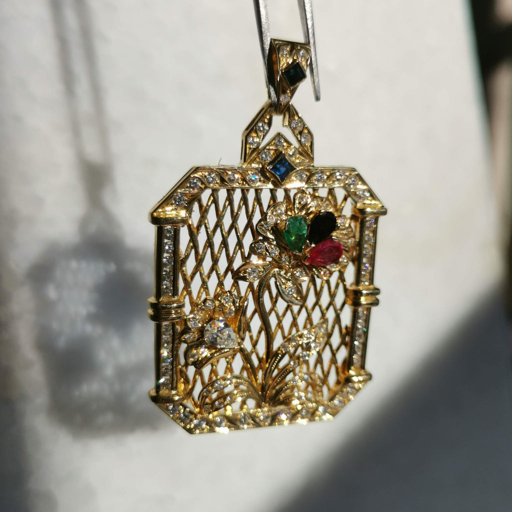 Art Deco 18k Gold Diamond Tutti Frutti Pendant: Emerald, Ruby, Sapphire