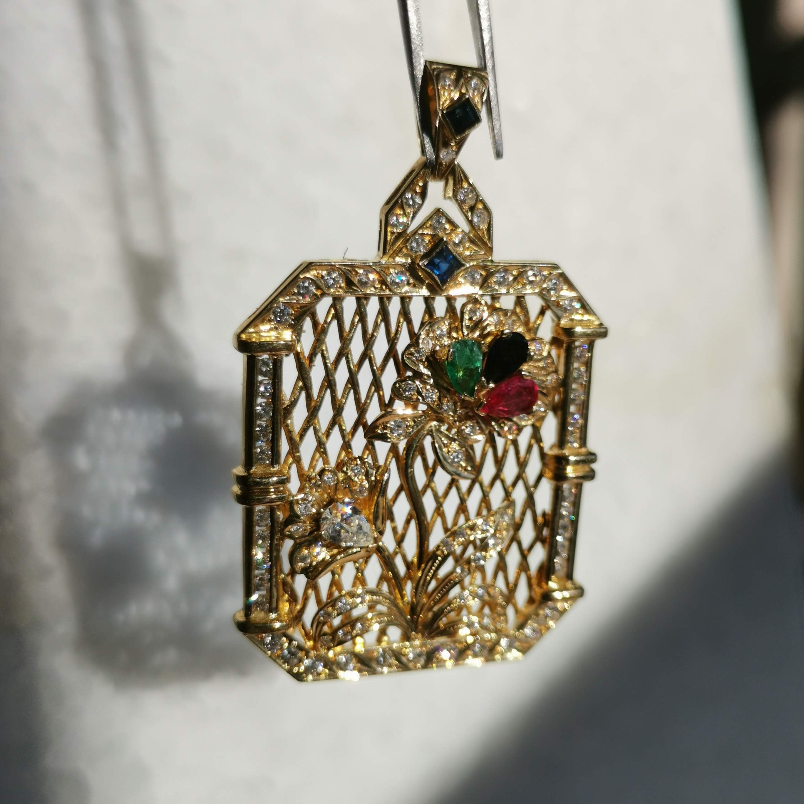 Art Deco 18k Gold Diamond Tutti Frutti Pendant: Emerald, Ruby, Sapphire