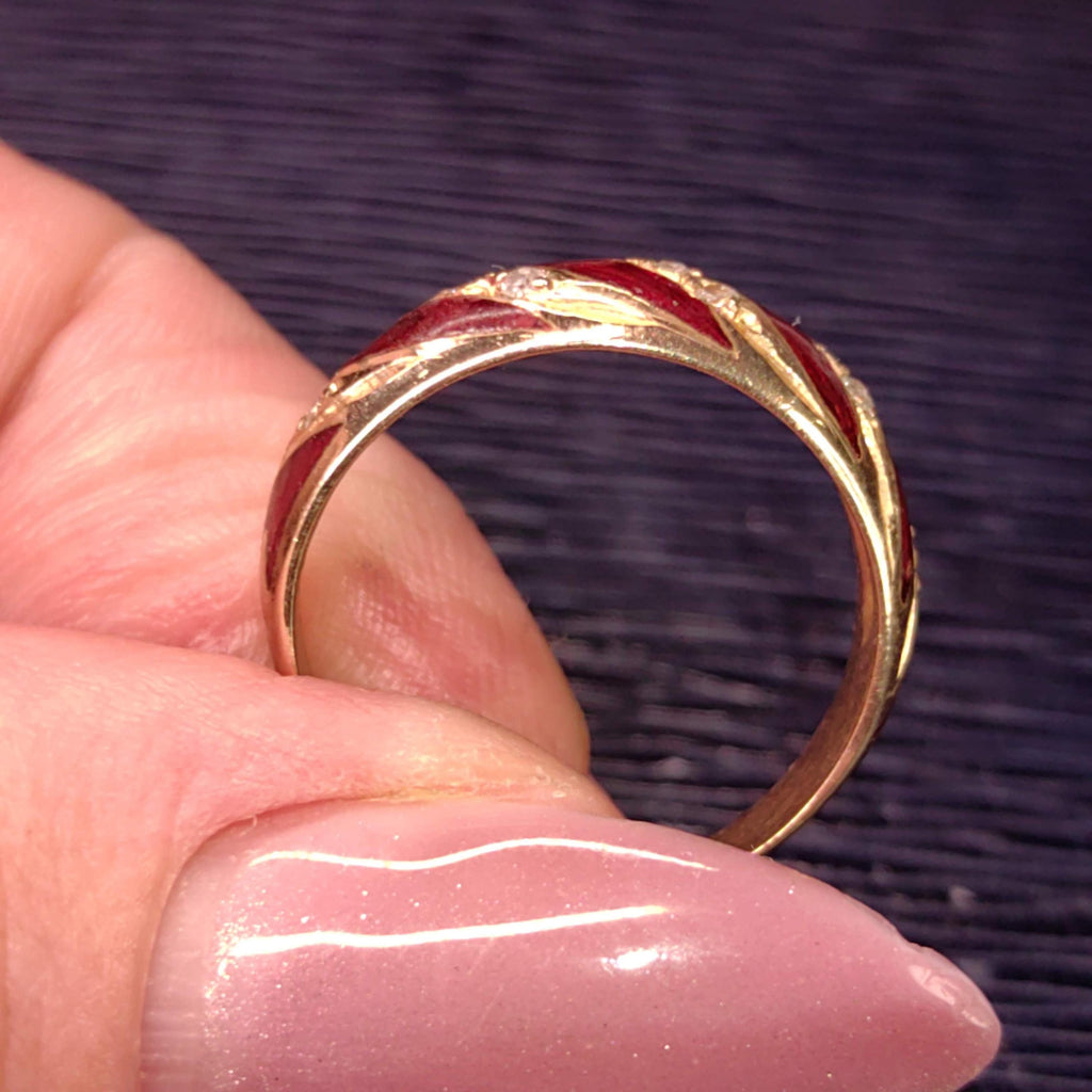 Vintage 1950s Diamond Solid 14k Yellow Gold Red Hand Painted Fire Enamel Wave Design Wedding Band Ring Gift for Her