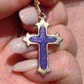 14k Yellow Rose Champagne Solid Gold Latin Cross  Catholic Pendant Blue Purple Enamel Christian Jewelry Gift Present