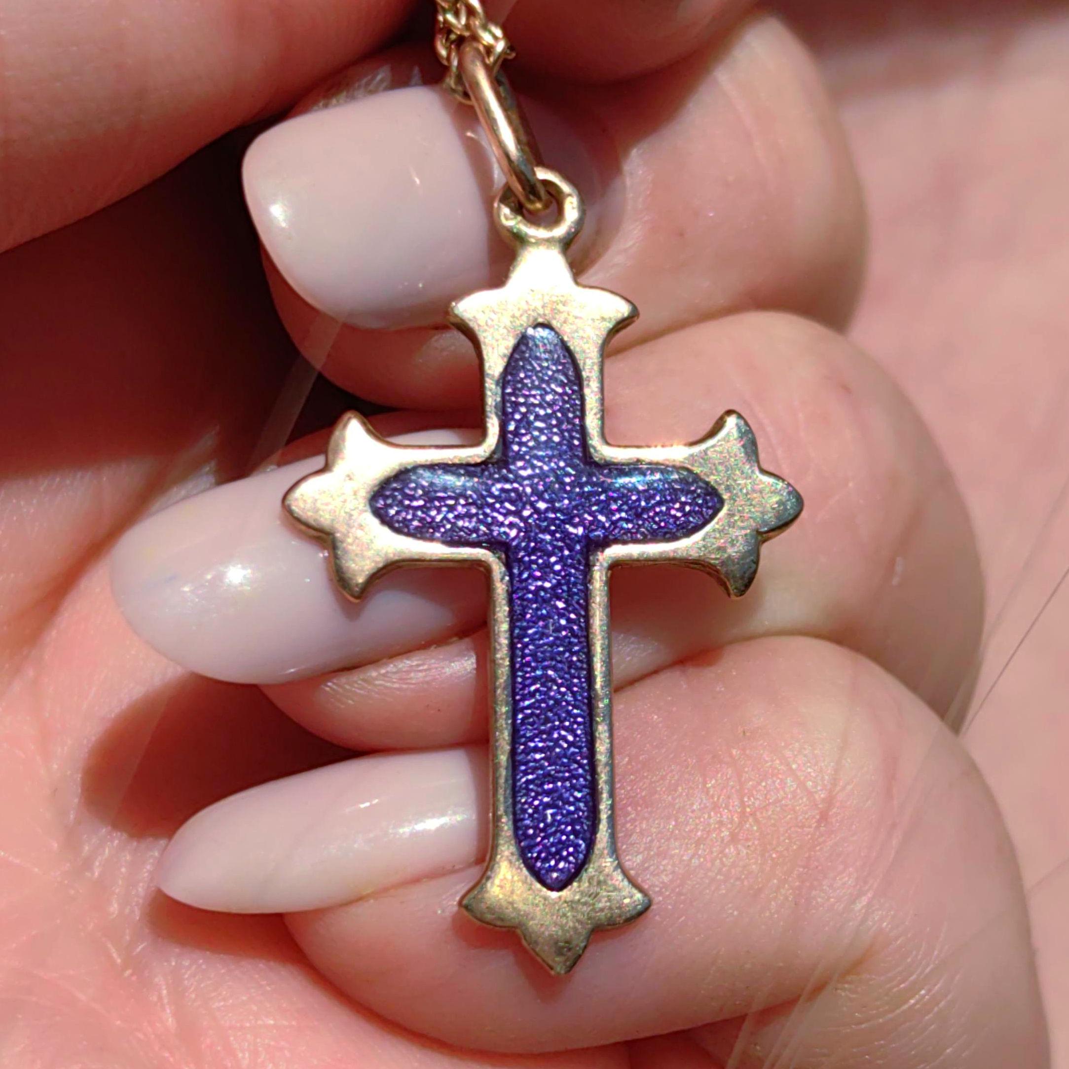 14k Yellow Rose Champagne Solid Gold Latin Cross  Catholic Pendant Blue Purple Enamel Christian Jewelry Gift Present