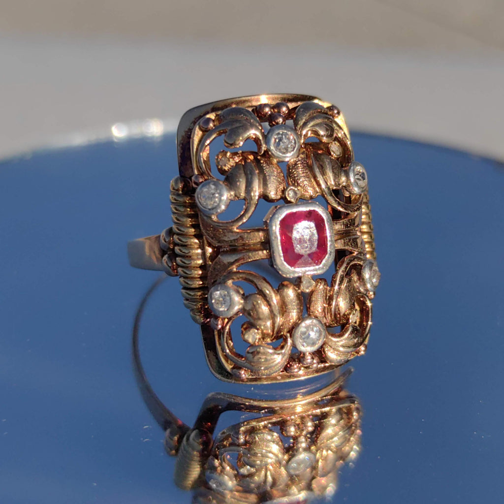Vintage Art Deco 1920s Natural Red Ruby Diamond Ring Antique 14k Solid Yellow Gold Statement Ring Gift for Her