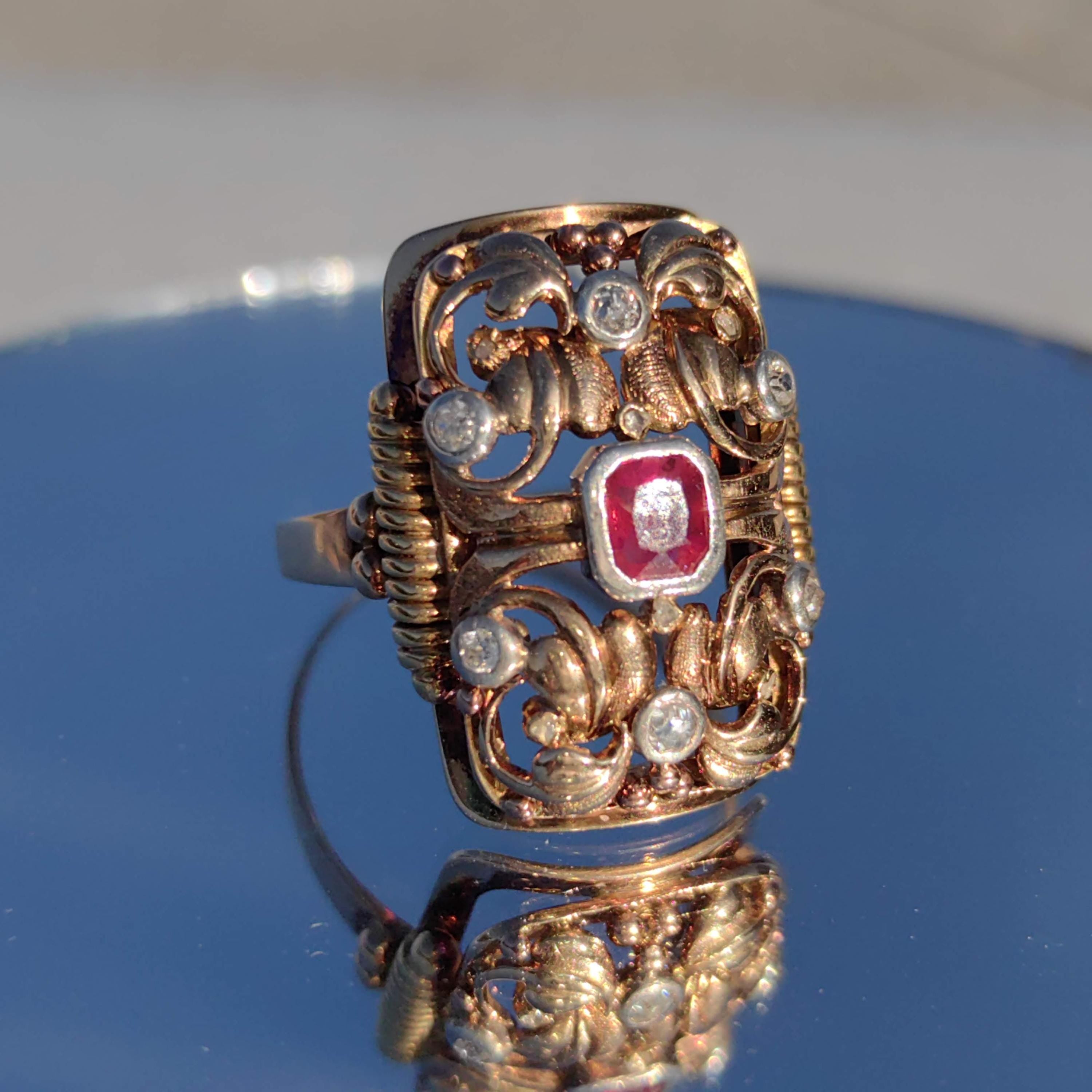 Vintage Art Deco 1920s Natural Red Ruby Diamond Ring Antique 14k Solid Yellow Gold Statement Ring Gift for Her