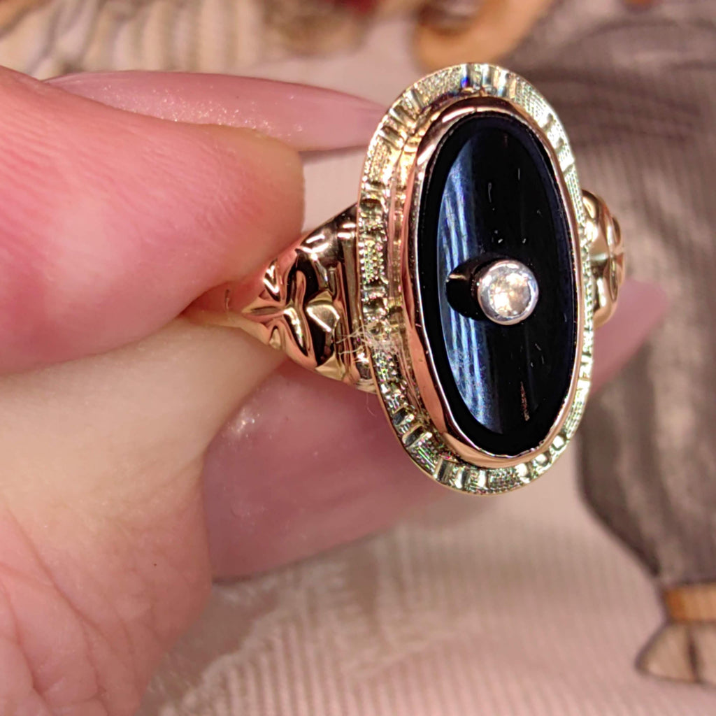 Art Deco 1920s Onyx Diamond Ring 14k Solid Yellow Gold Old European Cut Antique Black Onyx Statement Vintage Ring Gift for Her Estate Jewels