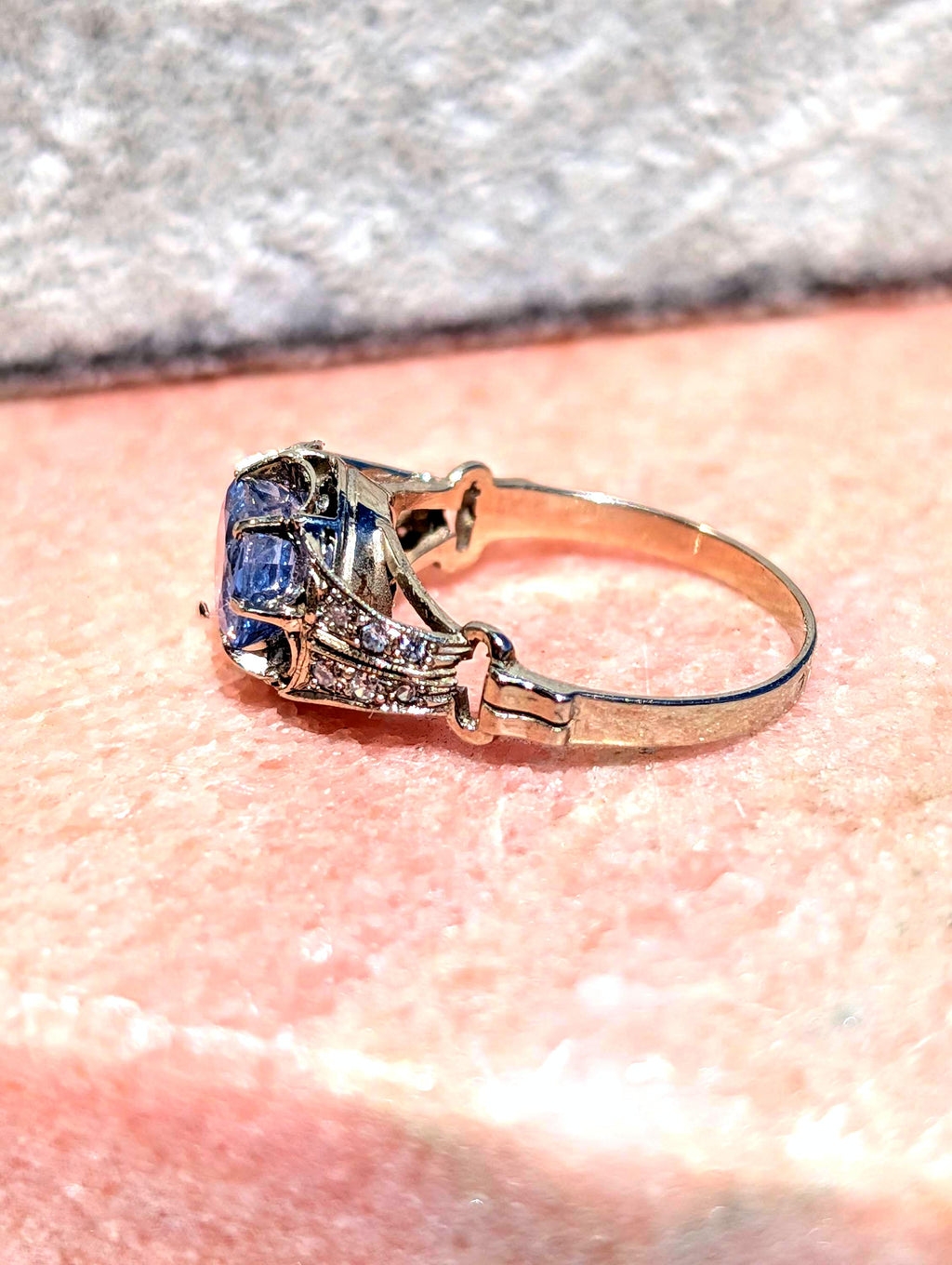 1910s Edwardian Natural Sapphire Diamond Ring 14k White Gold Cornflower Genuine Blue Sapphire Engagement Art Deco, Size 7.5 US.