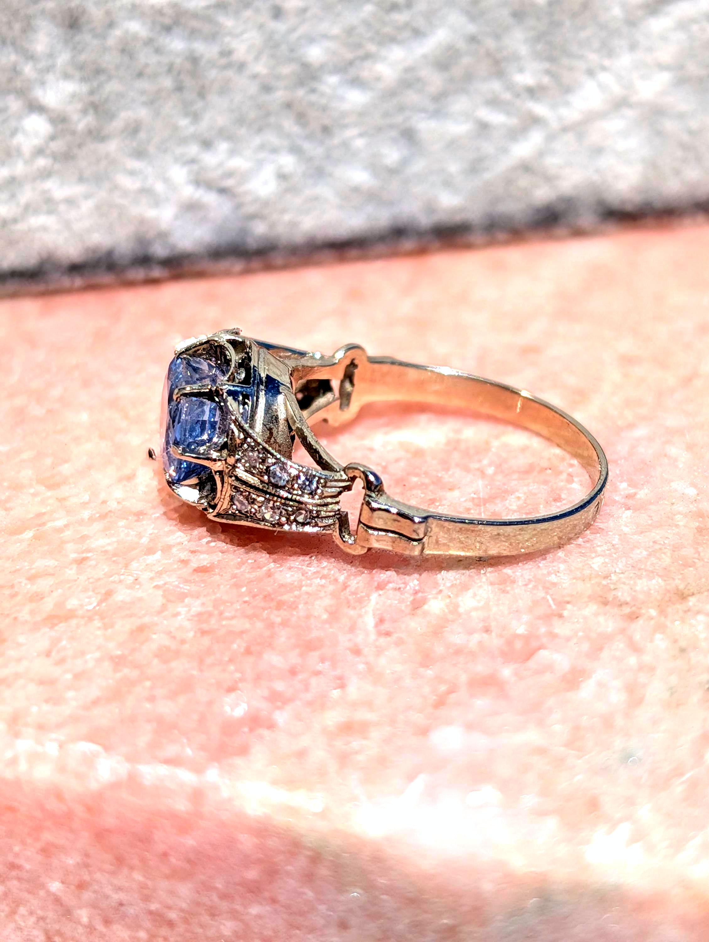 1910s Edwardian Natural Sapphire Diamond Ring 14k White Gold Cornflower Genuine Blue Sapphire Engagement Art Deco, Size 7.5 US.