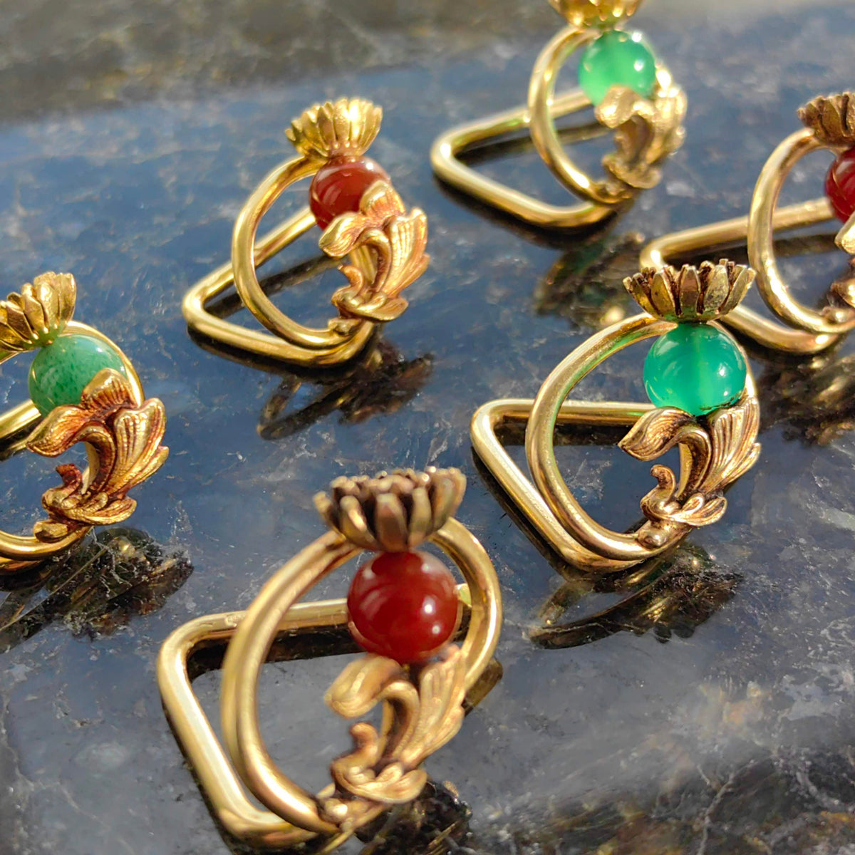 Art Nouveau Gold Plated Sterling Silver Card Holders - Floral Design, Set of 6