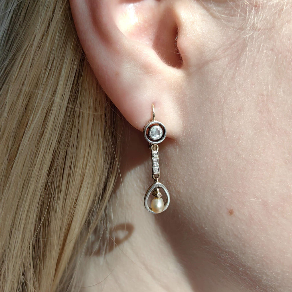 Antique 18k Gold Pearl Earrings: Rose Cut Diamond Art Nouveau Dangles