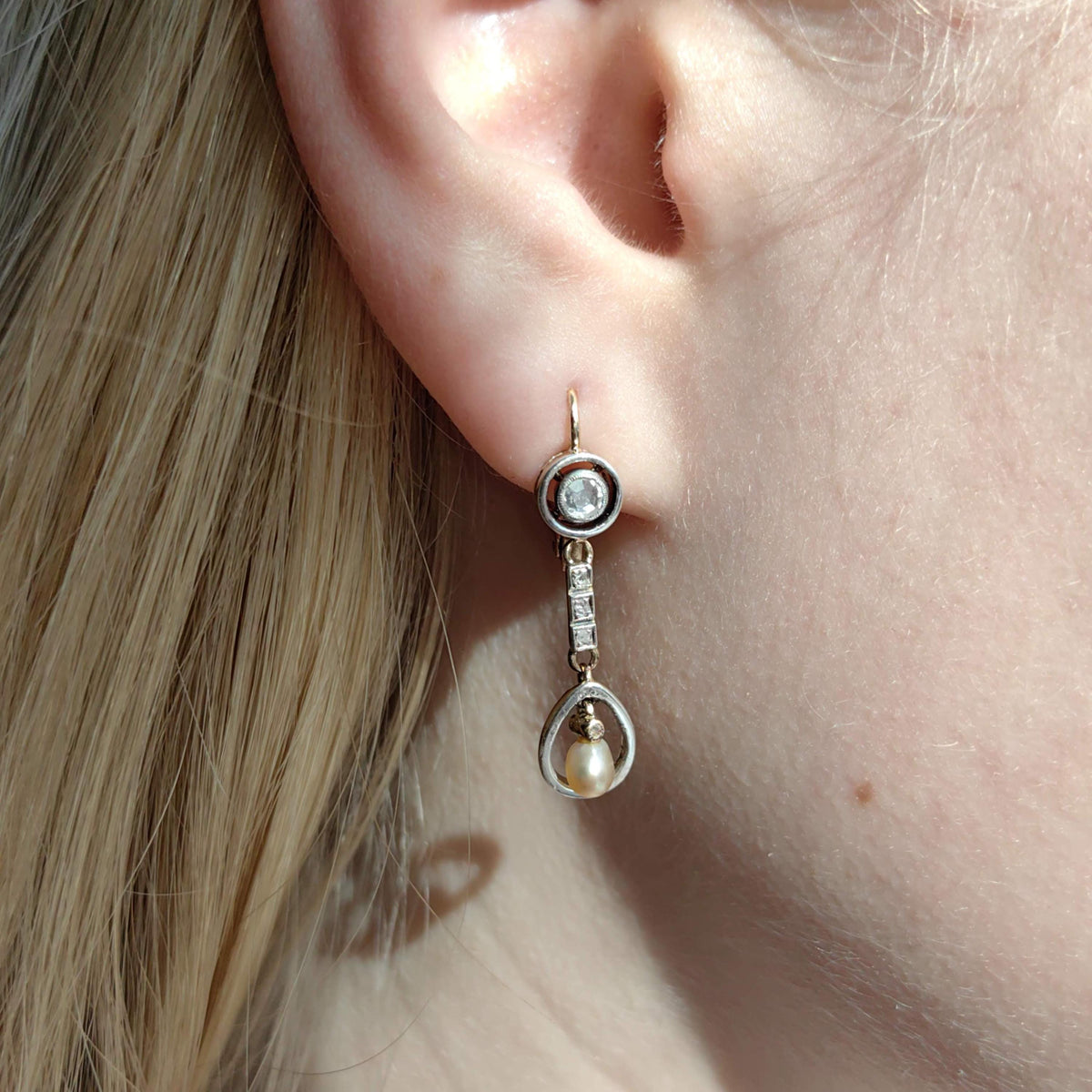 Antique 18k Gold Pearl Earrings: Rose Cut Diamond Art Nouveau Dangles