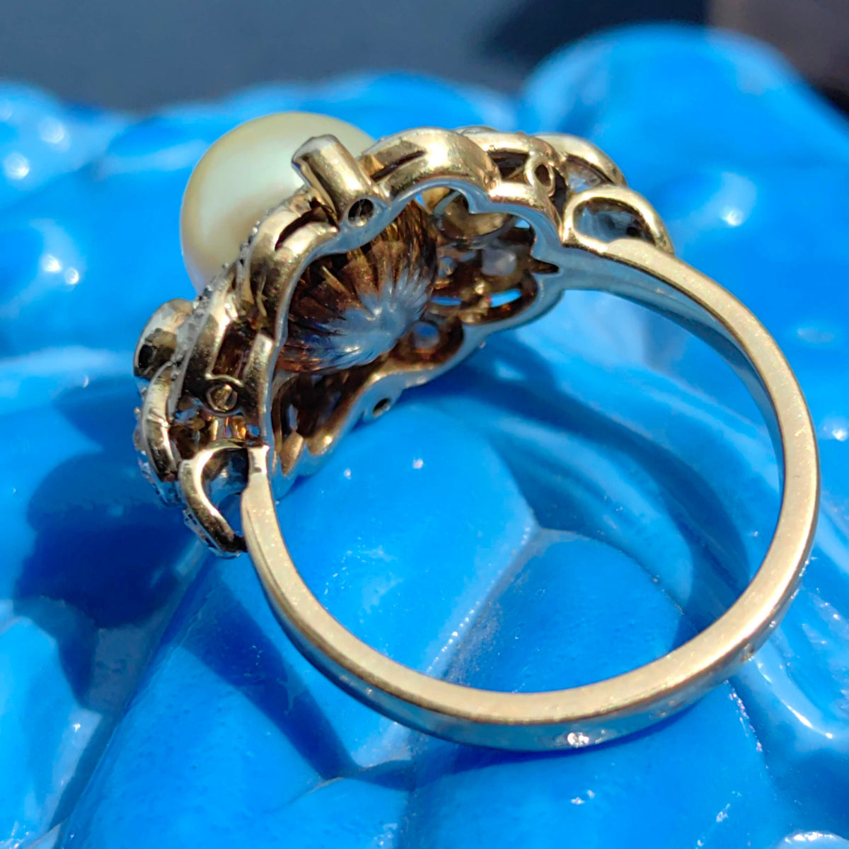 1920s Art Deco Pearl Diamond Ring: 14k Gold Wedding Engagement Ring