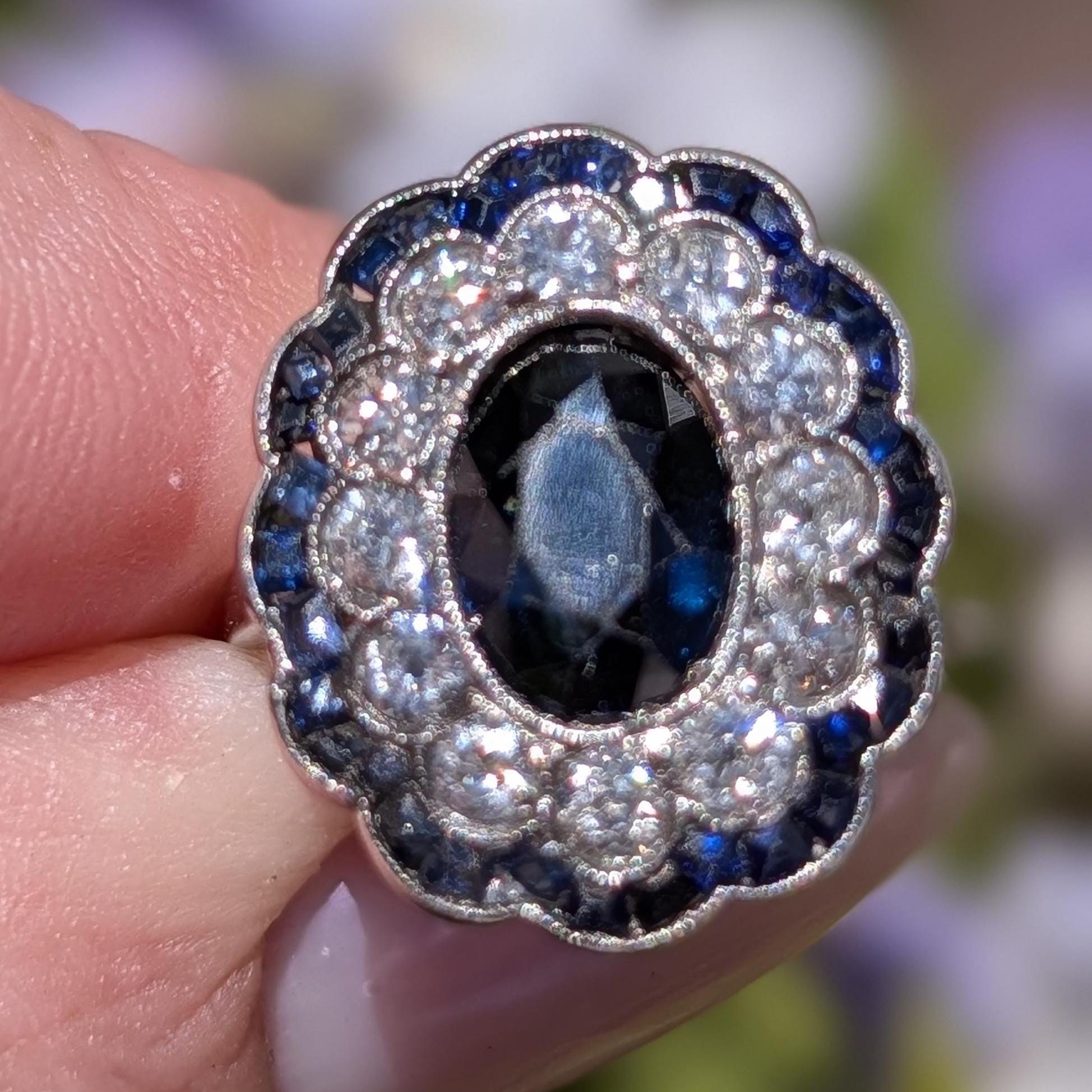 1920s French Art Deco Platinum Sapphire Diamond Ring – European Cut Statement Piece