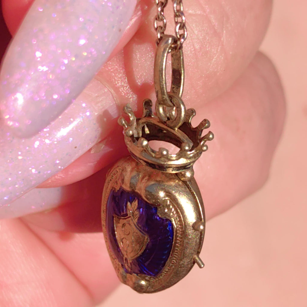 Victorian 18k Gold Blue Enamel Crown Locket Pendant: Hand Painted Antique