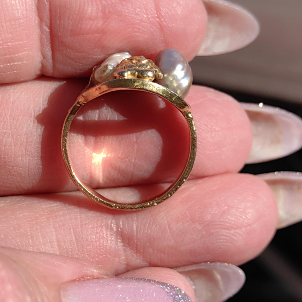 18k Gold Nugget Ring: Two-Tone Pearl Boho Ring