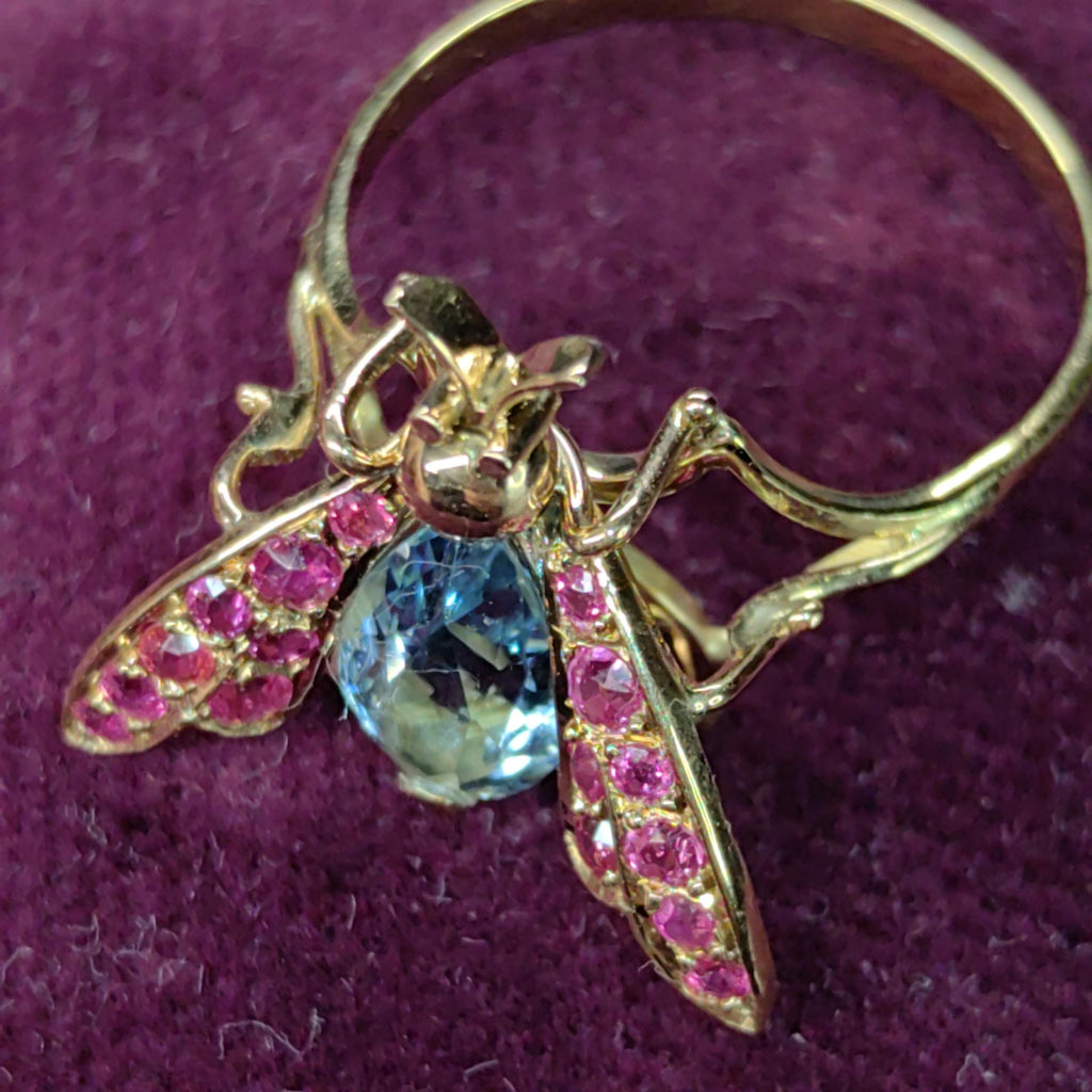 Vintage Light Blue Topaz Red  Ruby Solid 18k Yellow Gold Insect Fly Bee Statement Ring Mid Century 1950s Elegant Gift for Her  Present