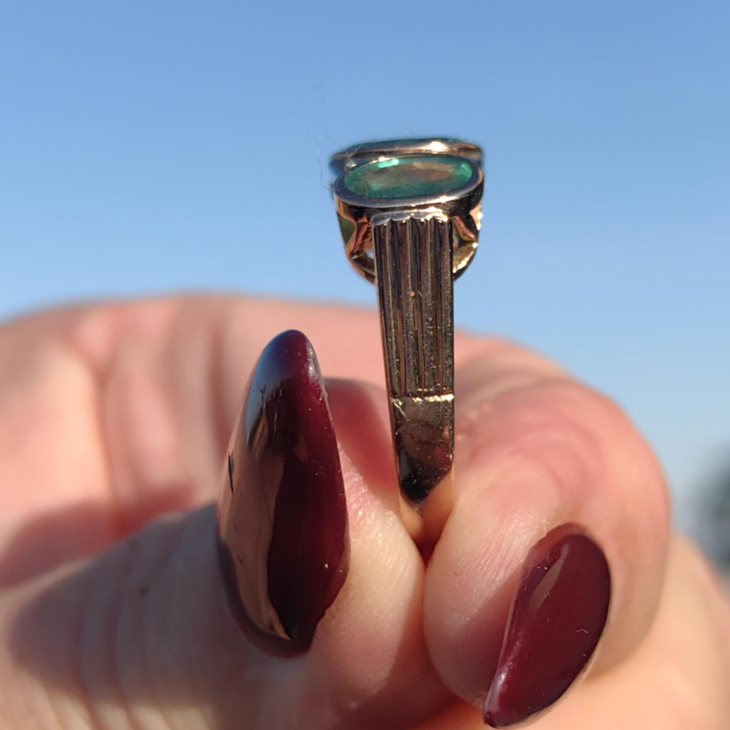 Original Art Deco 1930s Genuine not treated Emerald Three Stone Diamond White solid 14k Gold Chevalier Unisex Antique Vintage Ring