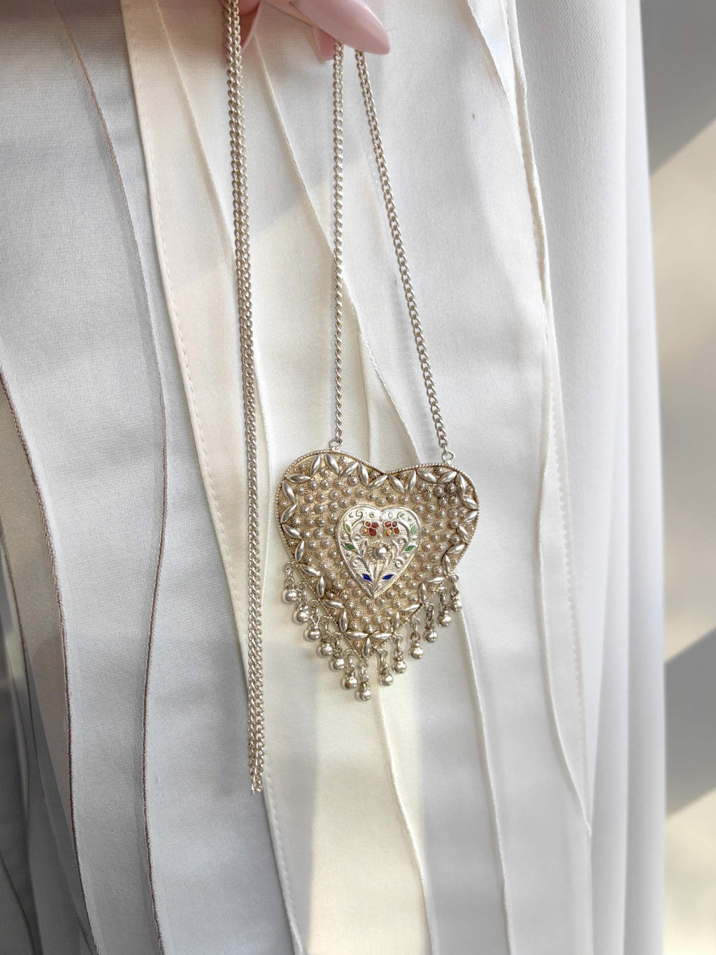 Art Deco Silver Heart Pendant Necklace: Filigree Enamel, Long Chain
