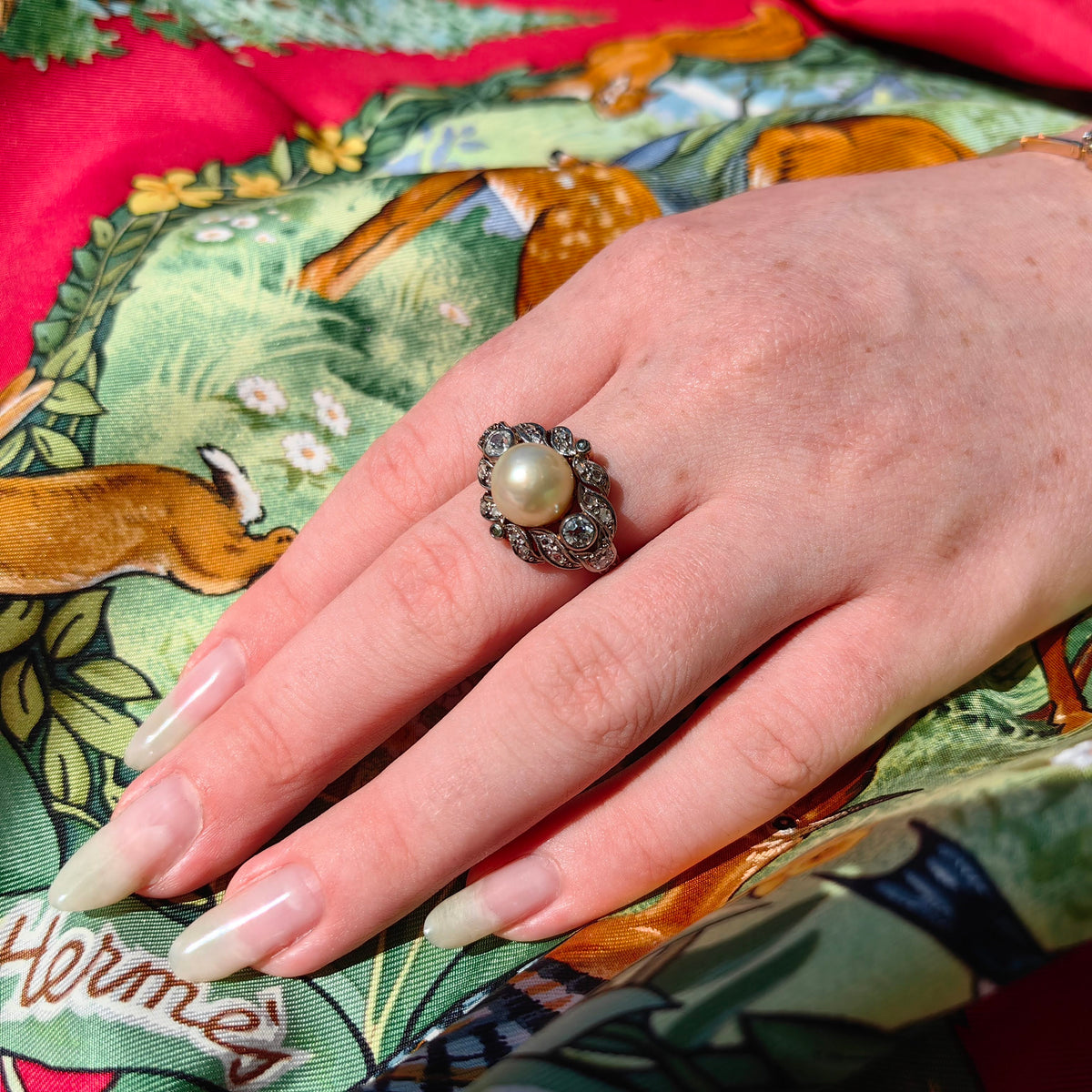 1920s Art Deco Pearl Diamond Ring: 14k Gold Wedding Engagement Ring