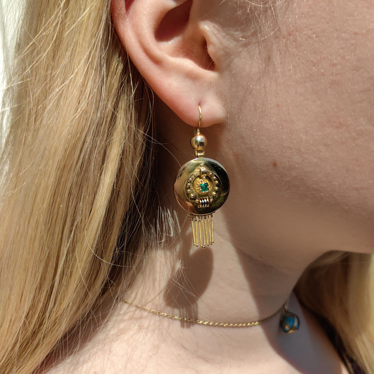 Victorian 18K Gold Emerald Dangle Earrings: Enamel Antique Jewelry