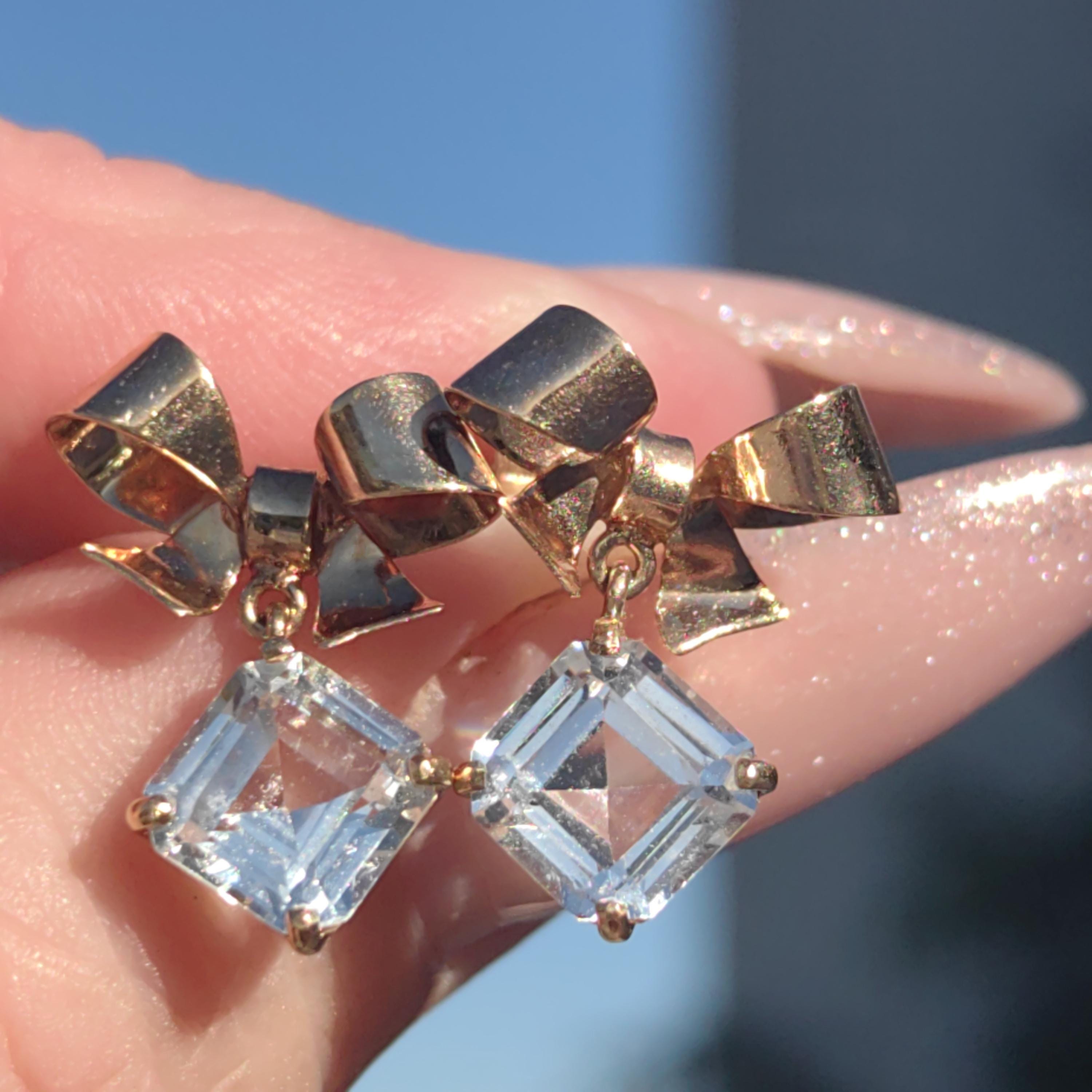18k Solid Gold Cubic Zirconia Bow Dangle Stud Push Back Closure Elegant Vintage Antique Princess Cut Classic Solitaire Earrings Gift for Her
