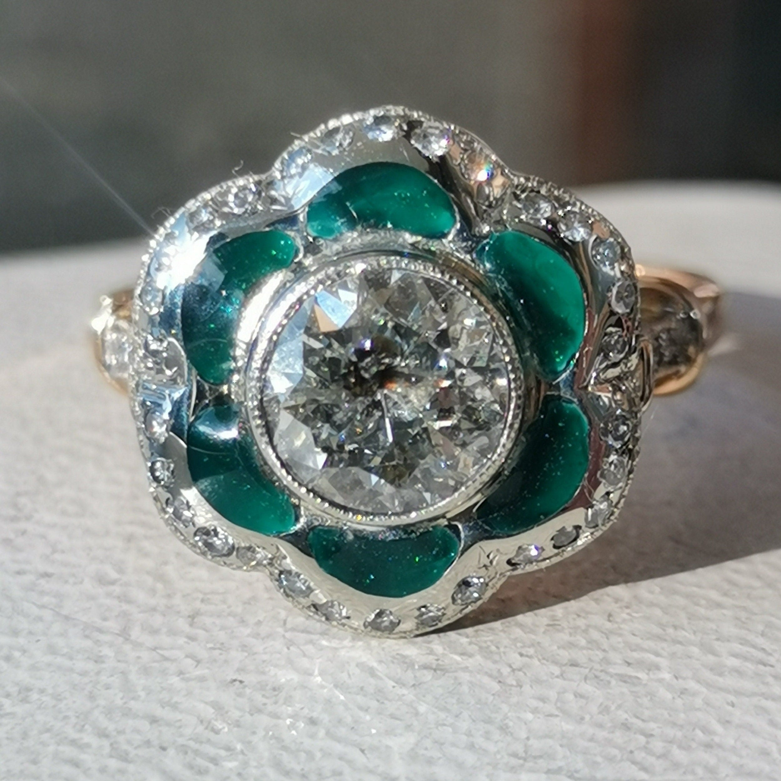 Art Deco Diamond Enamel Ring: 2.15ct Old European Cut, 14k Yellow Gold