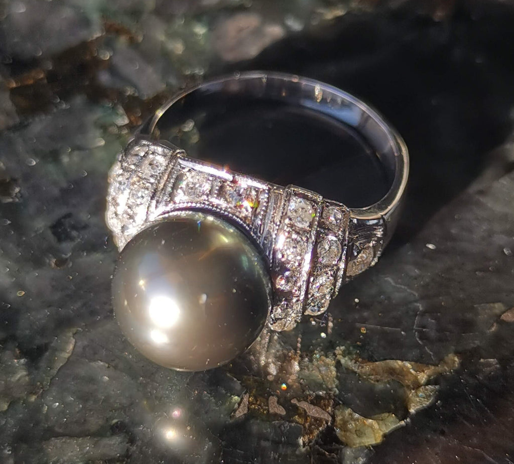 Art Deco Tahitian Pearl Diamond Ring - 1920s White Gold