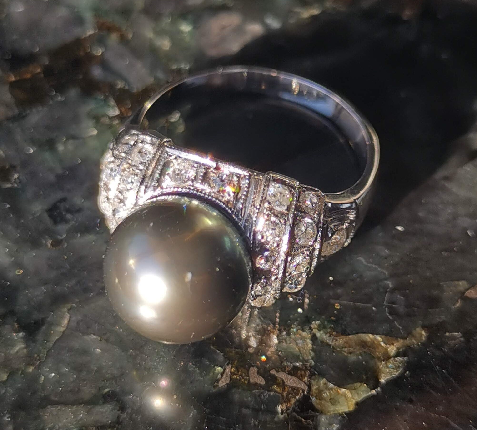 Art Deco Tahitian Pearl Diamond Ring - 1920s White Gold