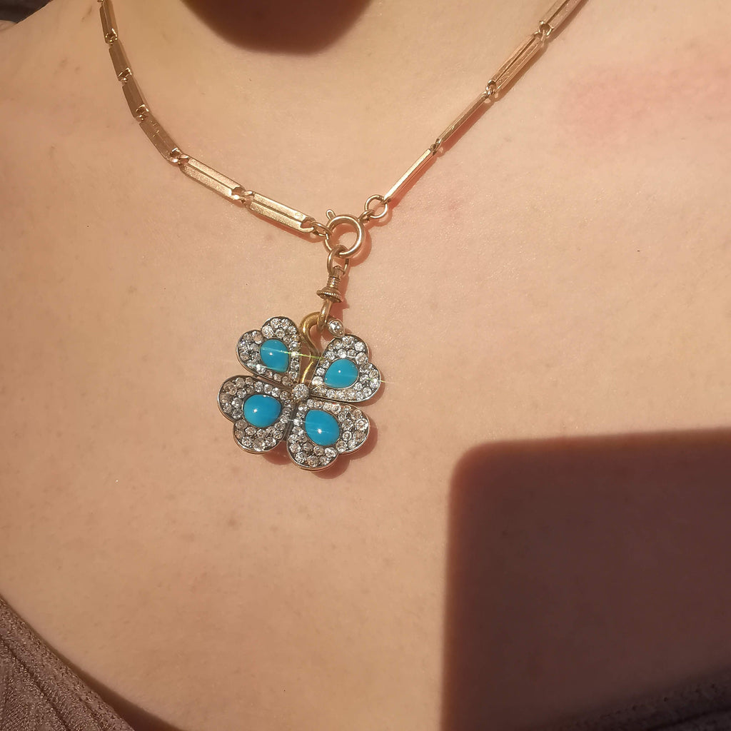 Art Nouveau 18K Gold Turquoise Diamond Pendant Necklace, Antique 1900s Four Leaf Floral Charm, Old European Cut Jewelry