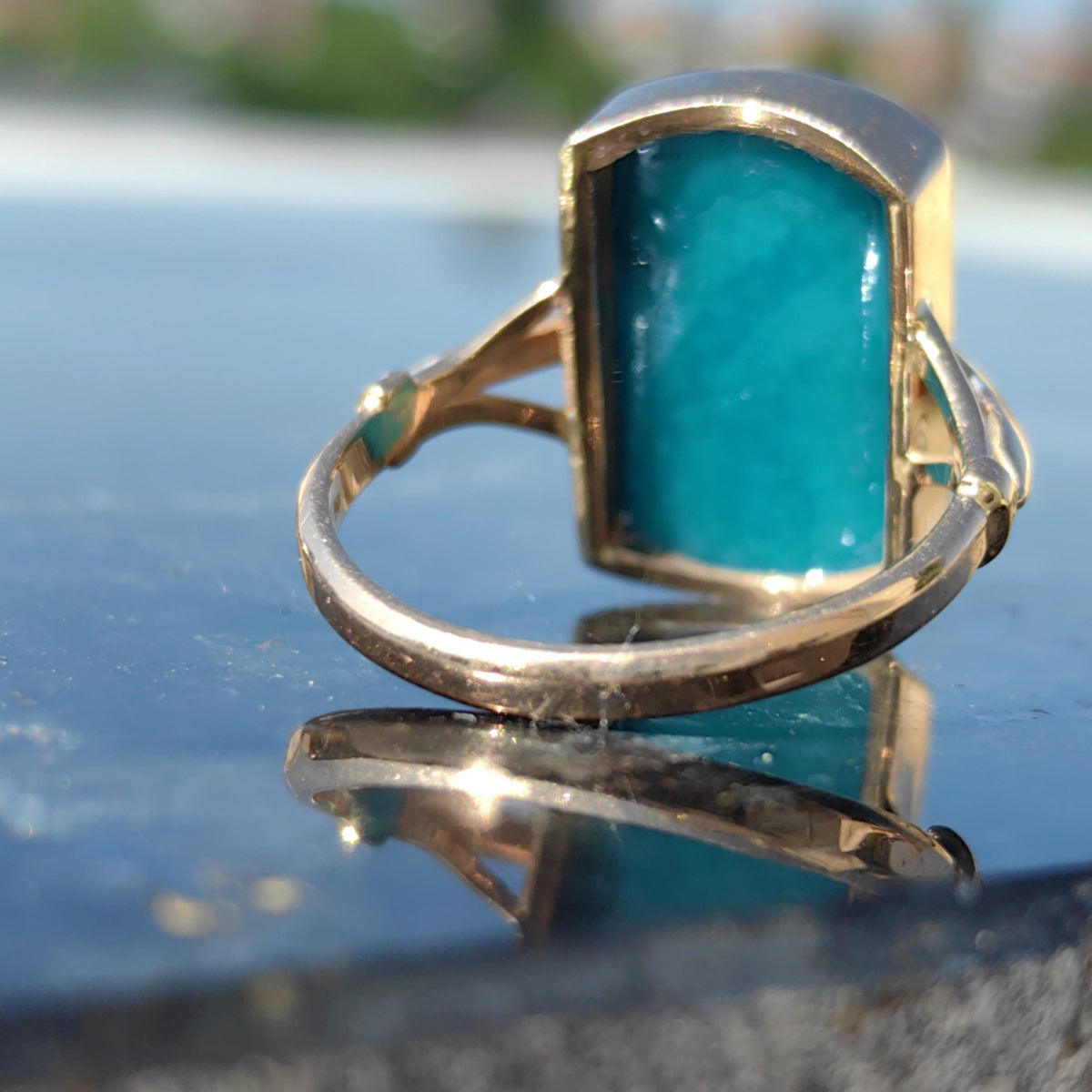 Vintage 14k Solid Yellow Gold Blue Turquoise Square Ring Antique Art Deco 1920s Gift for Her Elegant Present