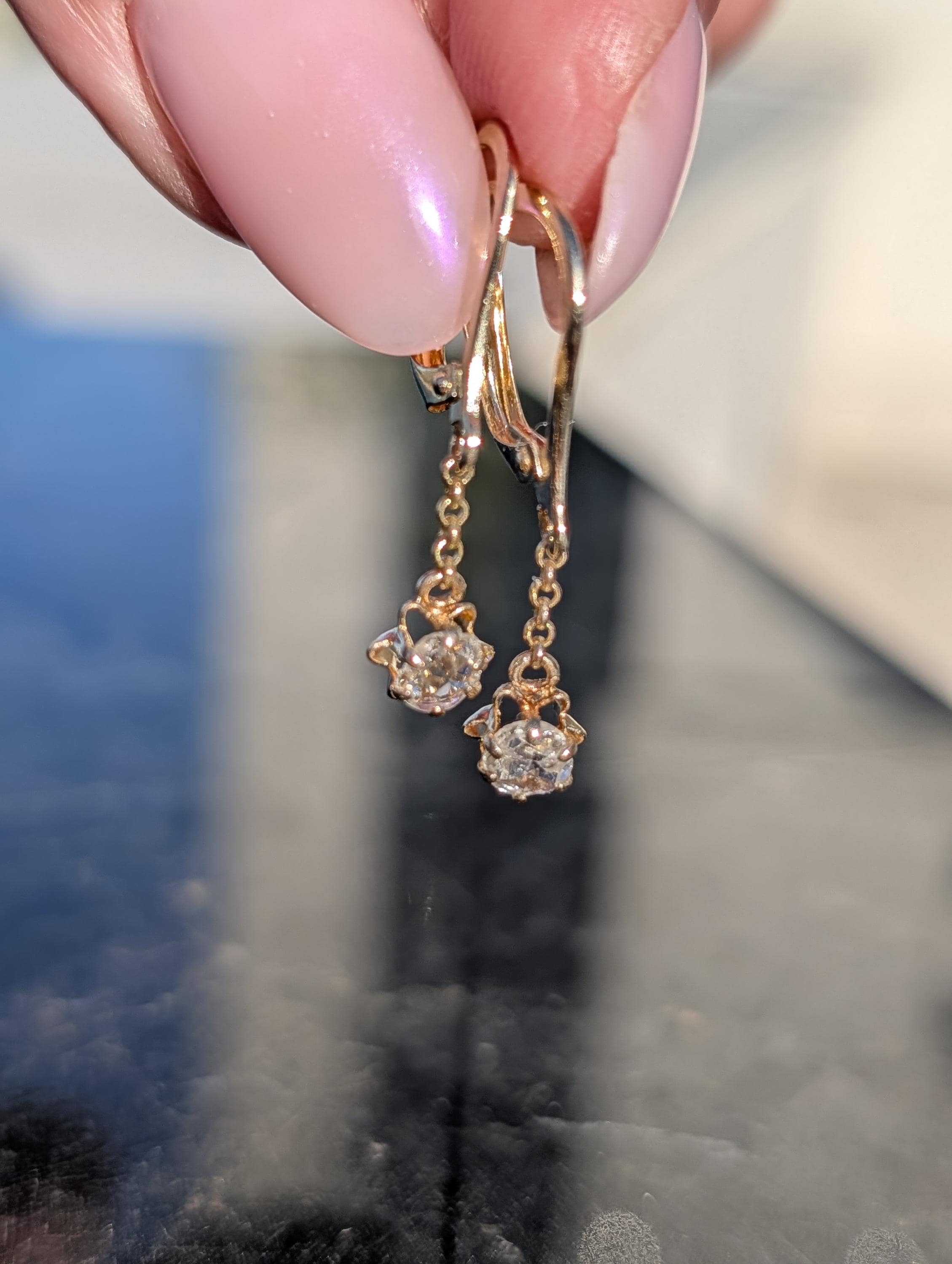 1950s Holland Rose Cut Diamond Dangle Earrings 14k 585 Yellow Gold, Vintage Lever Back Drop Statement Gift for Her