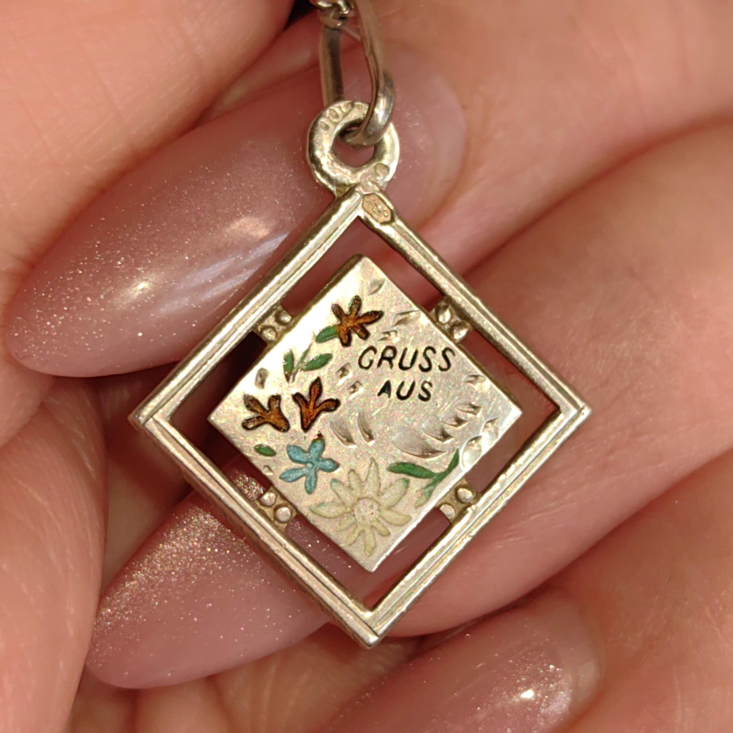 Art Nouveau Antique Vintage 1900s Silver Fire Enamel Floral Flower Gruss Aus hand painted Miniature Pendant