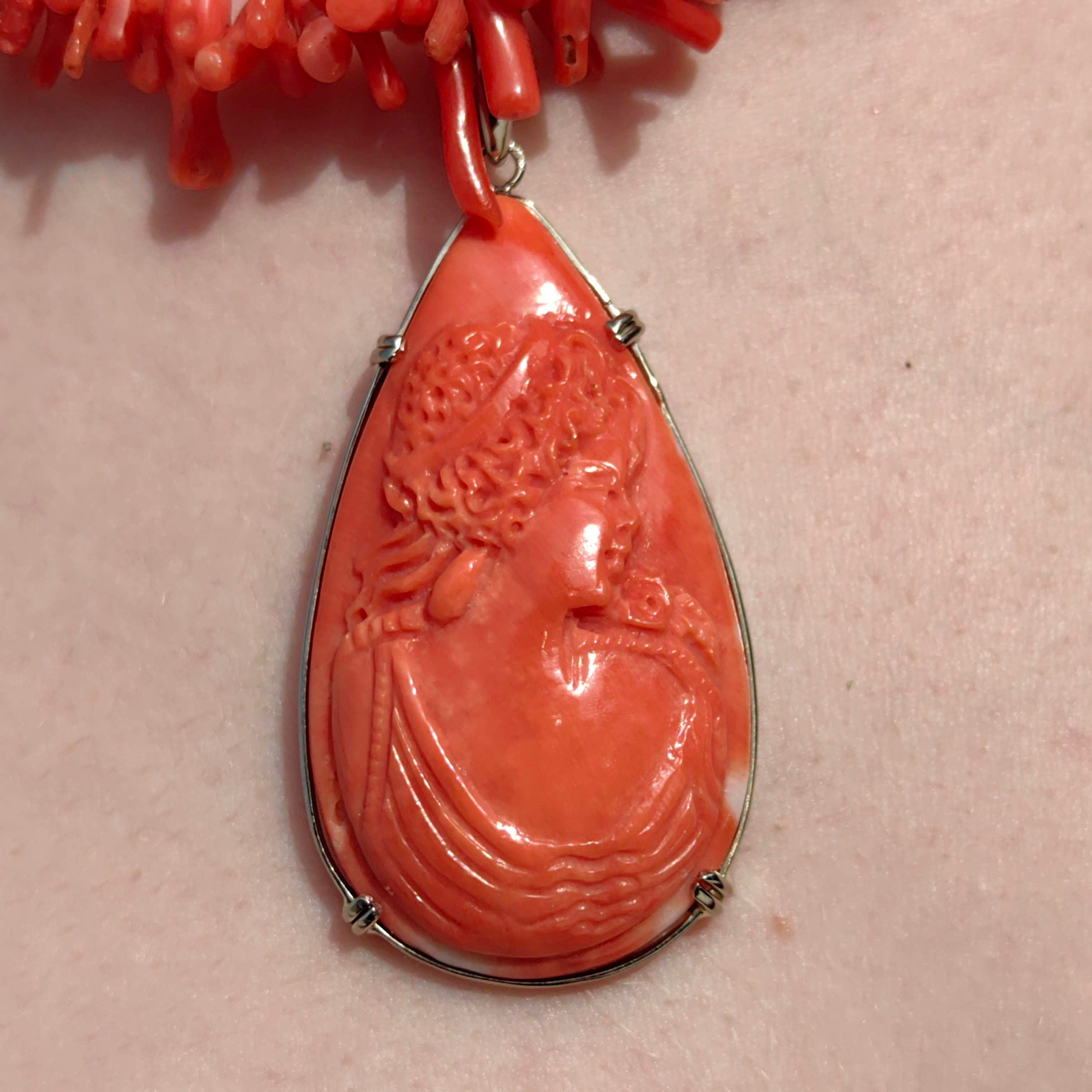 Art Deco Red Coral Cameo Pendant: 14k White Gold Carved Portrait