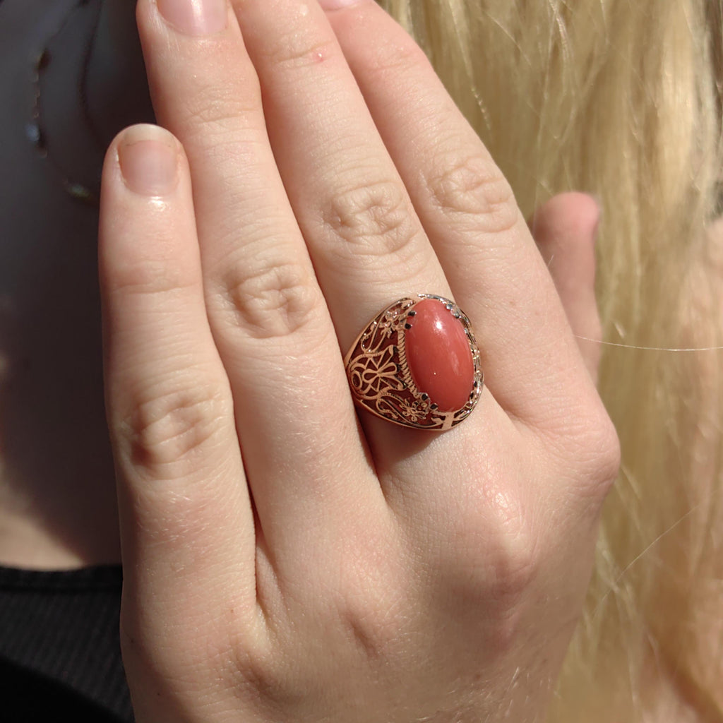 Mediterranean Red Coral Ring: 14k Champagne Gold, Mid-Century Cabochon