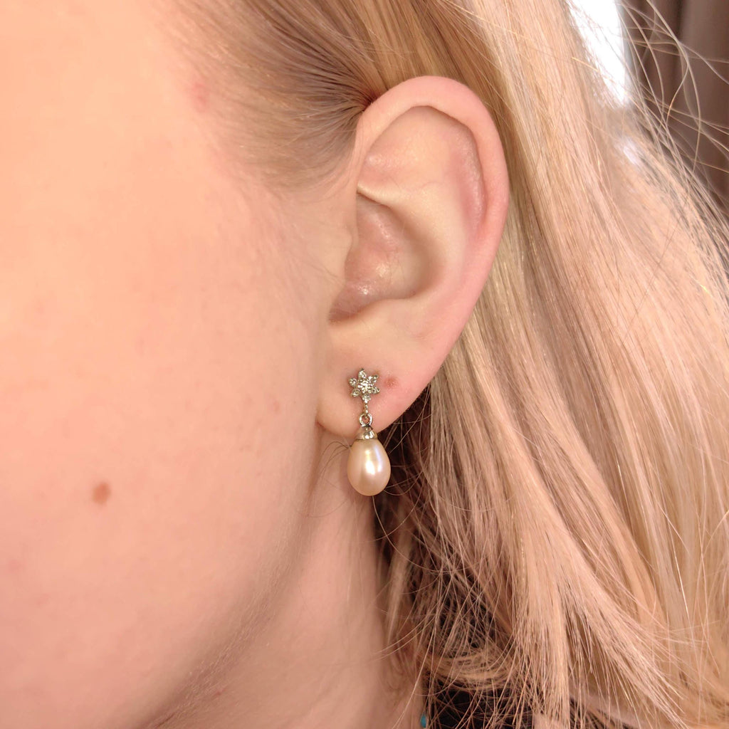 Vintage Diamond Pearl Drop Solid White 18k  Gold Dangle Elegant Dainty Earrings Gift for her wife romantic present Christmas birthday
