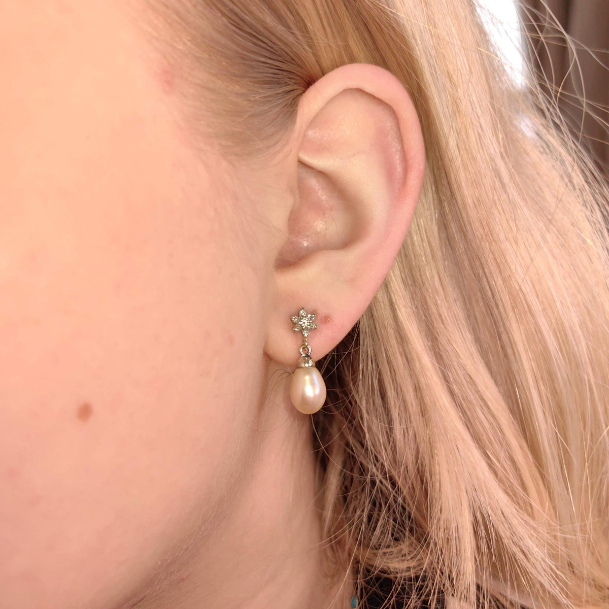 Vintage Diamond Pearl Drop Solid White 18k  Gold Dangle Elegant Dainty Earrings Gift for her wife romantic present Christmas birthday