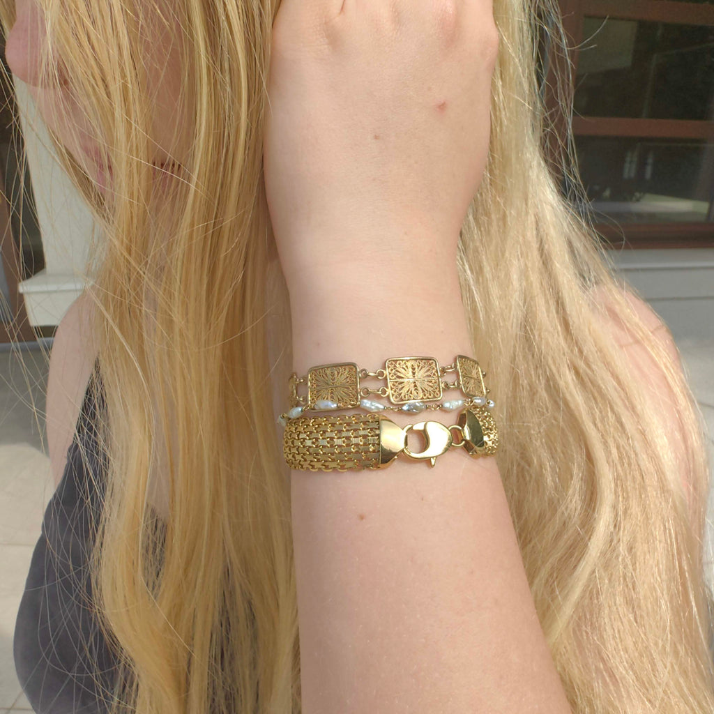 Vintage 1960s Italy 14k Solid Yellow Gold Wide Handmade Thick Chain Statement Elegant Bracelet Gift Present
