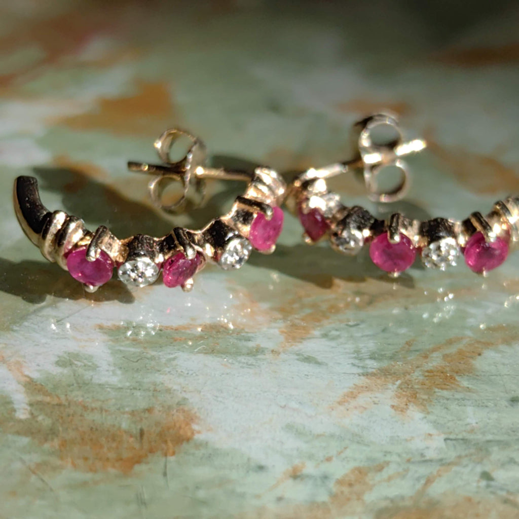 Vintage 14k Yellow Gold Ruby & Diamond Hoop Earrings