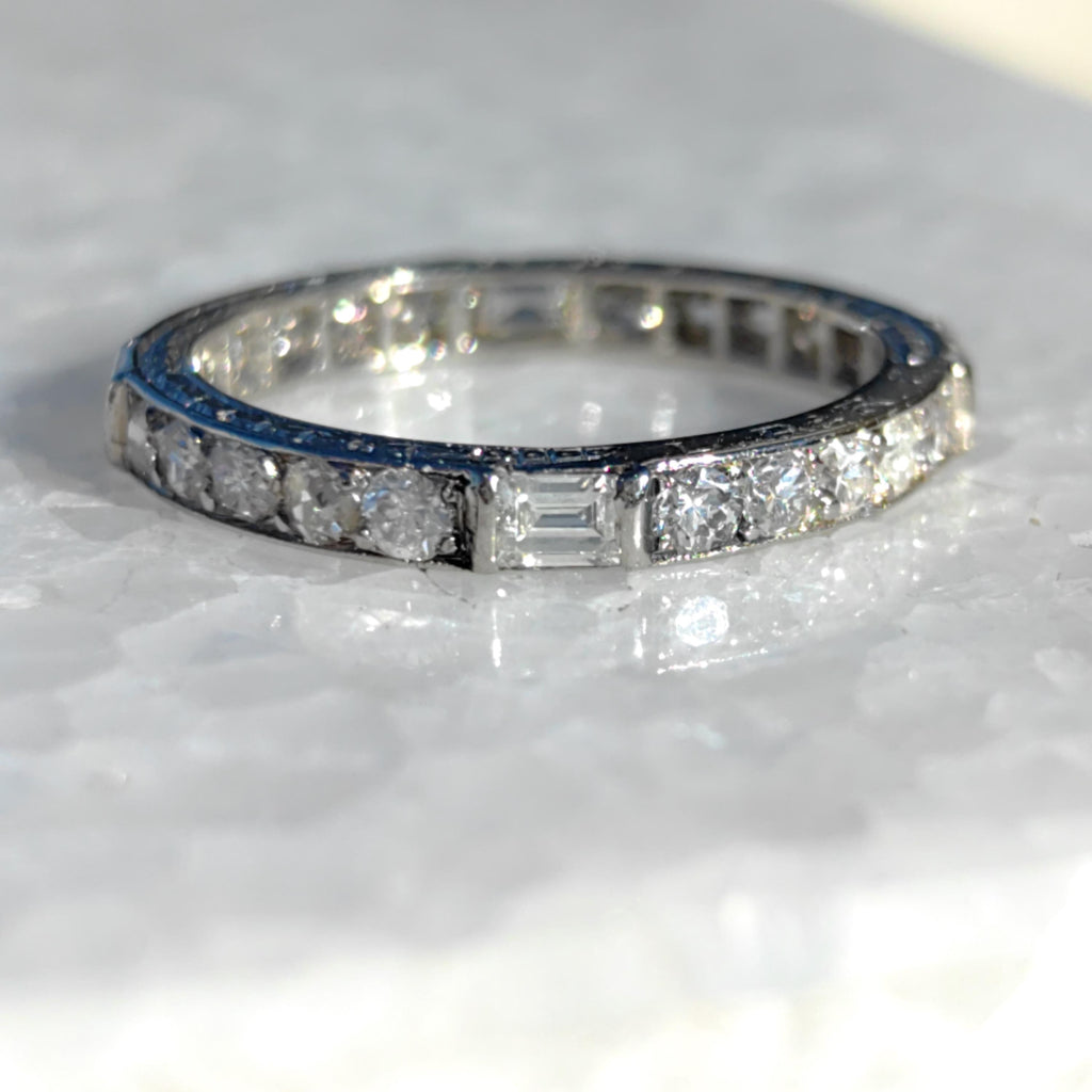 Art Deco Diamond Eternity Ring: 14K Gold Wedding Band, 1930s Floral Design