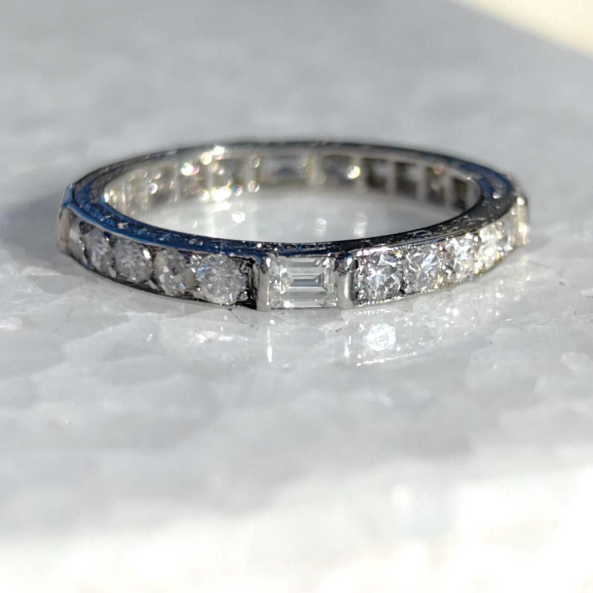 Art Deco Diamond Eternity Ring: 14K Gold Wedding Band, 1930s Floral Design