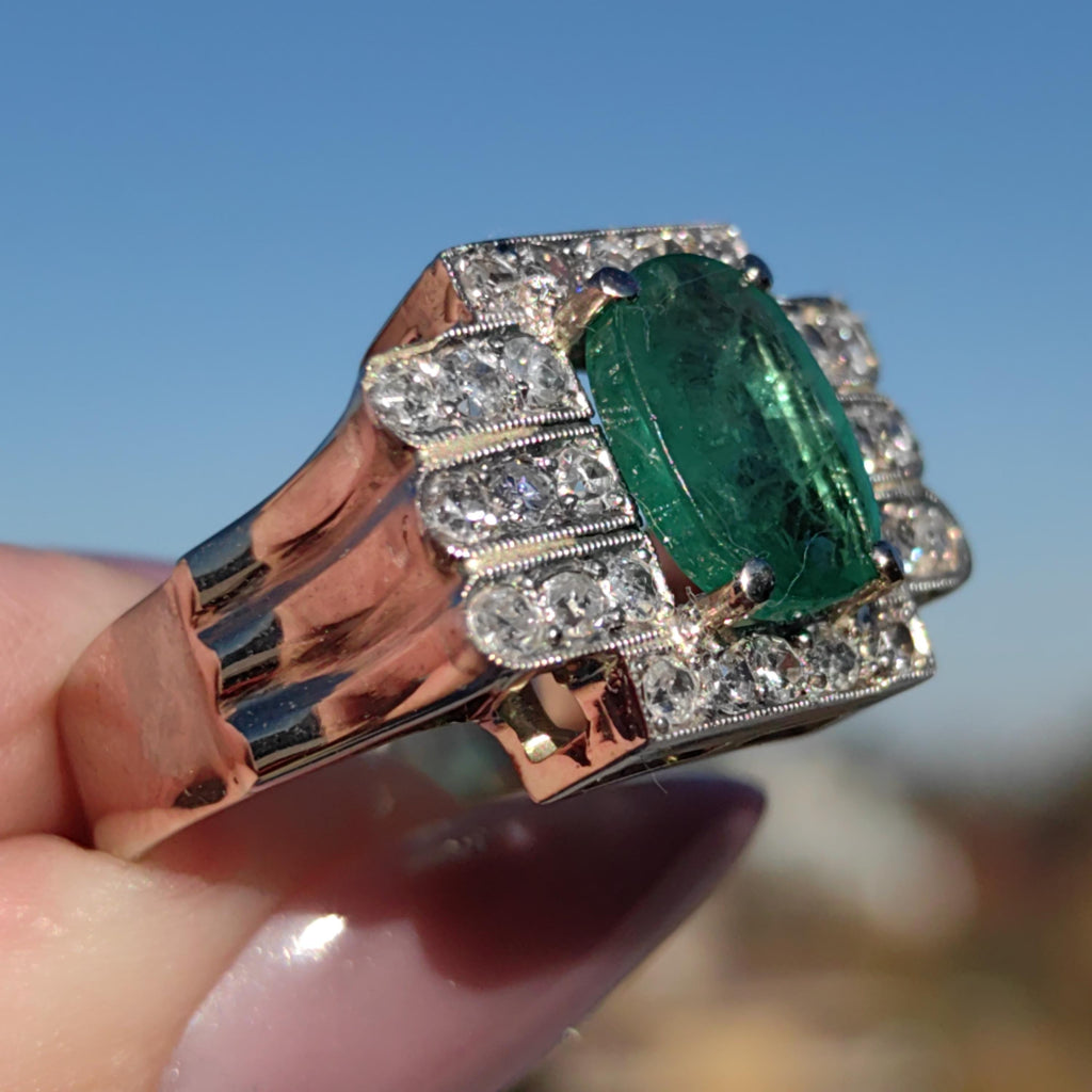 Colombian Emerald Diamond Ring  Solid White Gold Statement Art Deco 1920s Vintage Band Ring Gift for Her Large Chevalier Ring