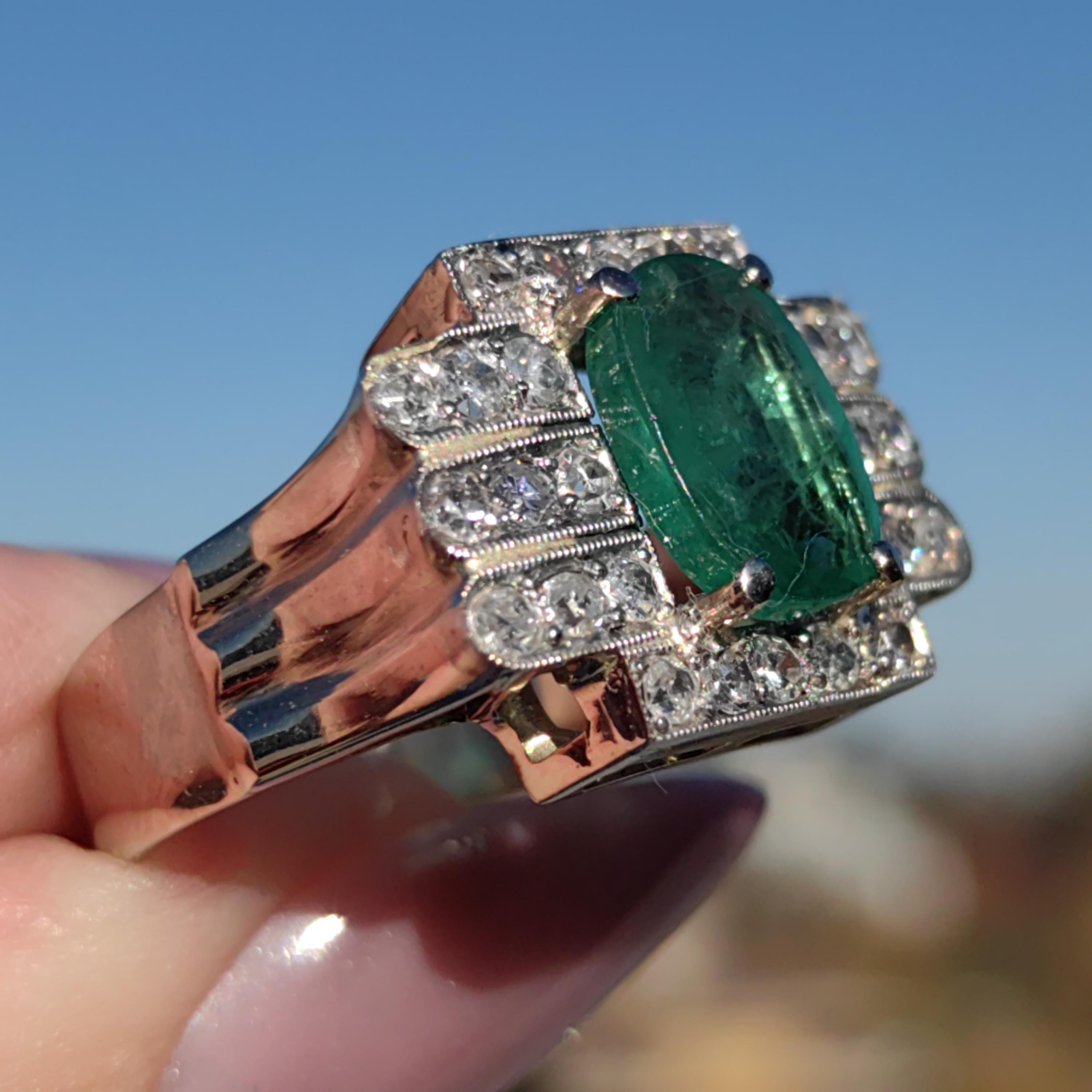 Colombian Emerald Diamond Ring  Solid White Gold Statement Art Deco 1920s Vintage Band Ring Gift for Her Large Chevalier Ring
