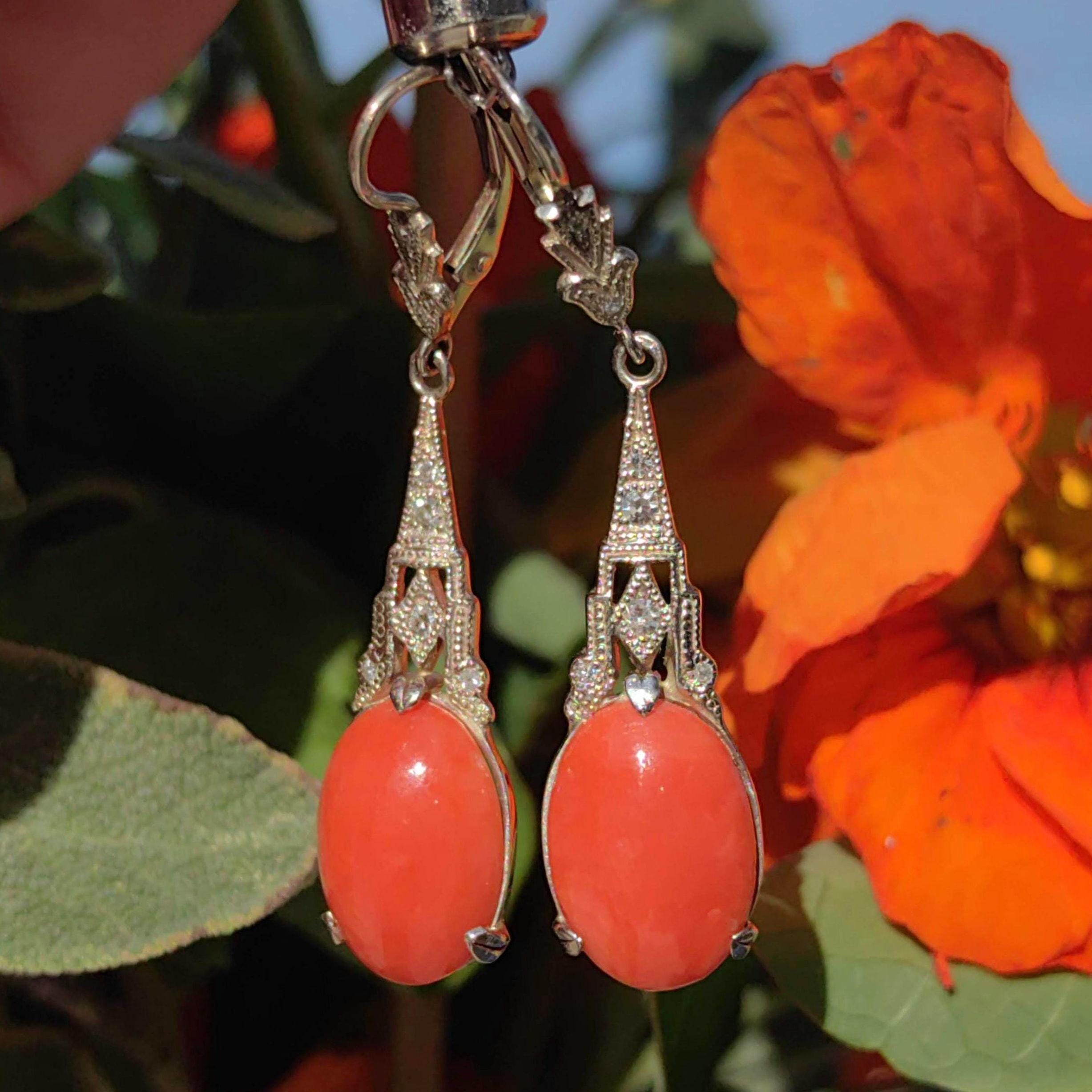 Art Deco Coral Diamond Earrings: 14k Yellow Gold Dangle Earrings