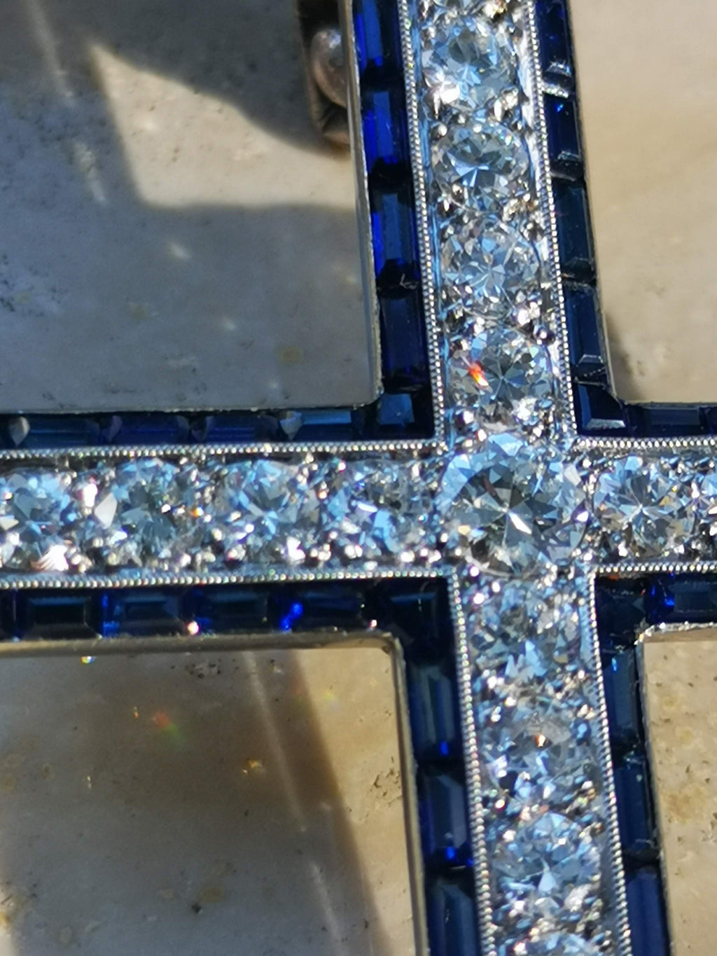 1920s Art Deco Platinum Cross Pendant: Diamond & Sapphire Antique