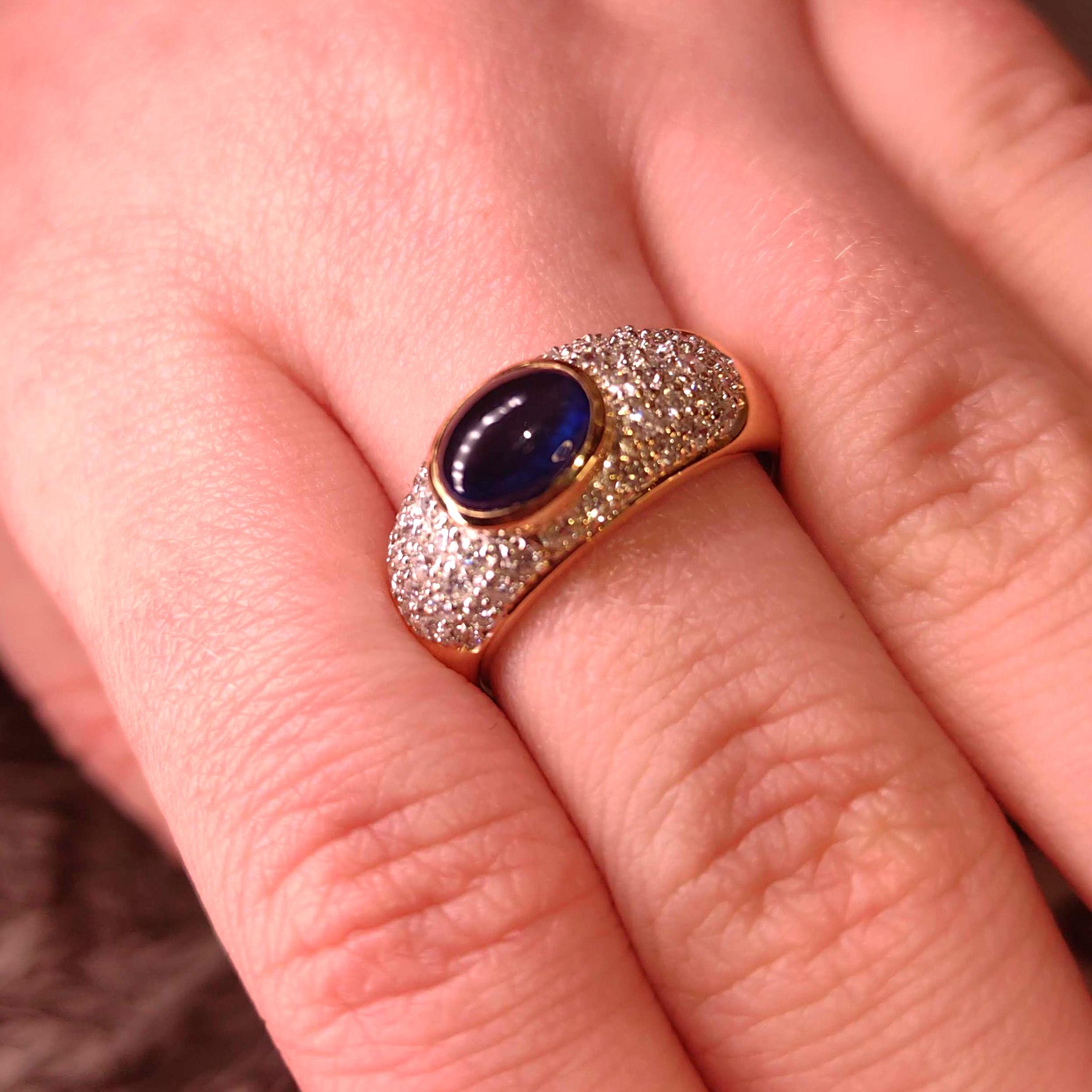 18k Gold Cabochon Sapphire & Diamond Ring - Unisex Statement